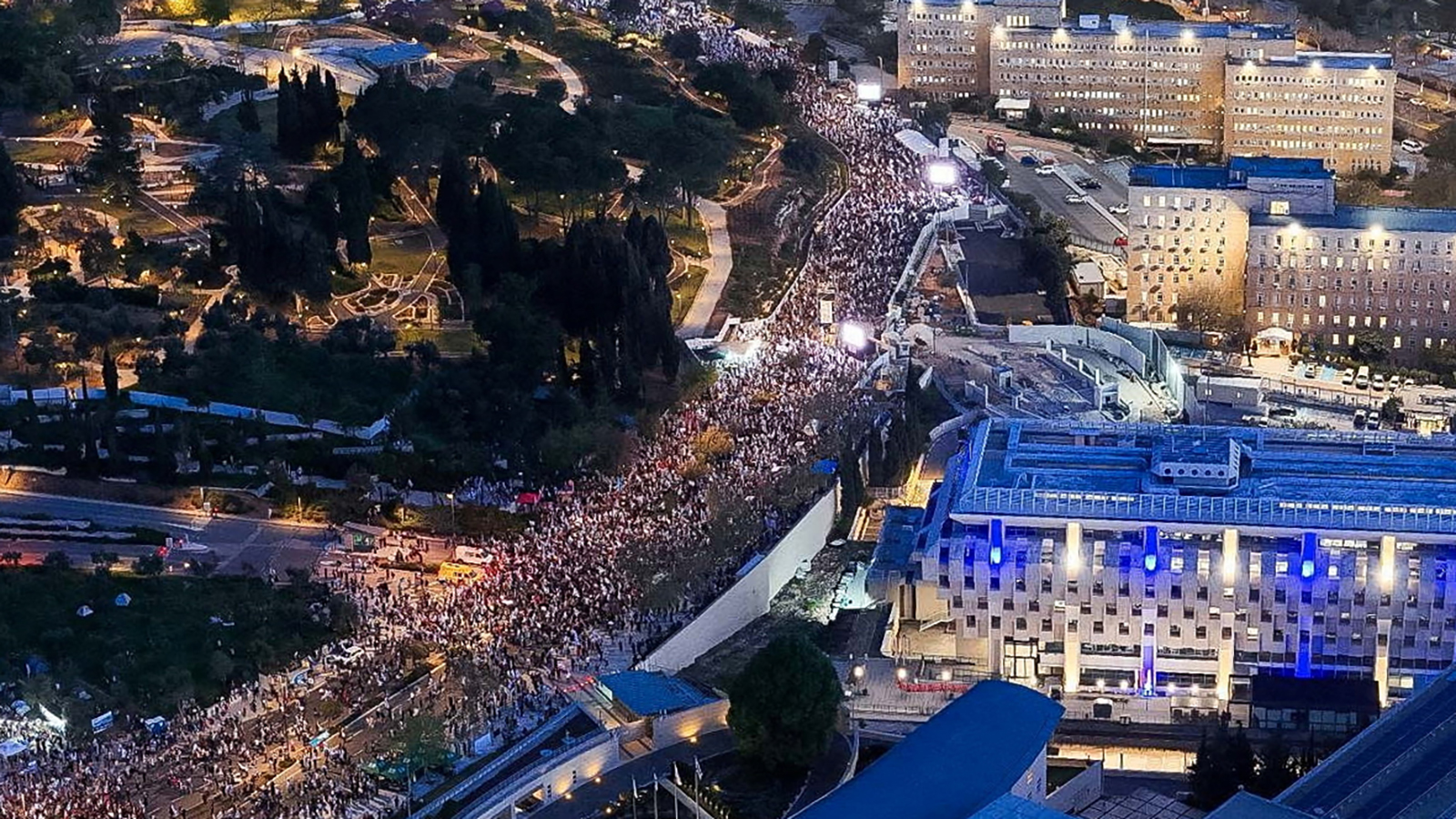 A drone view shows protesters calling for Israeli Prime Minister Benjamin Netanyahu's government to resign, near the Knesset, Israel’s parliament, in Jerusalem on March 31.