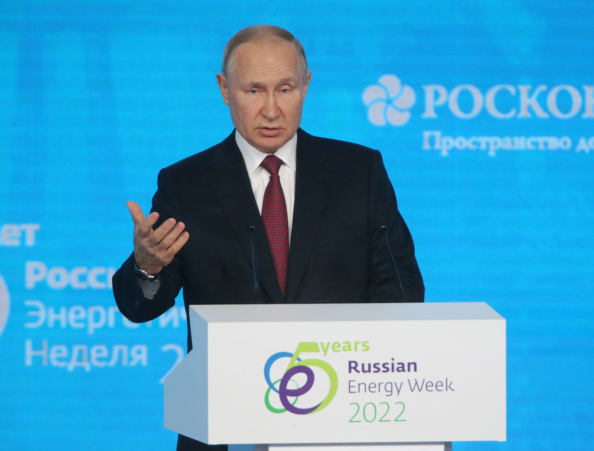 Russian President Vladimir Putin delivers a key speech during the plenary session of Russian Energy Week 2022 on October 12, in Moscow, Russia.