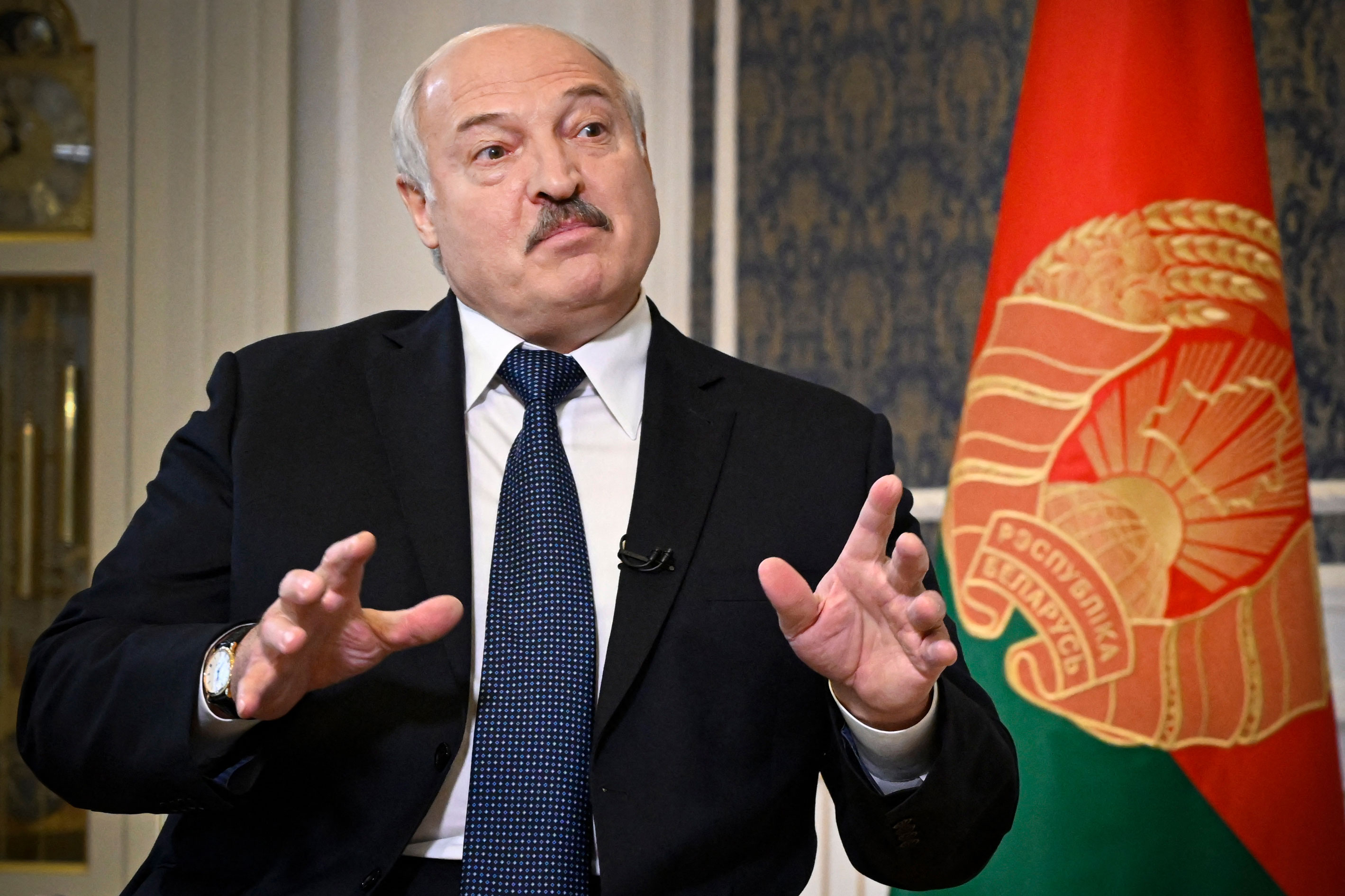 Belarusian President Alexander Lukashenko speaks during an interview in Minsk, Belarus, in July 2022.