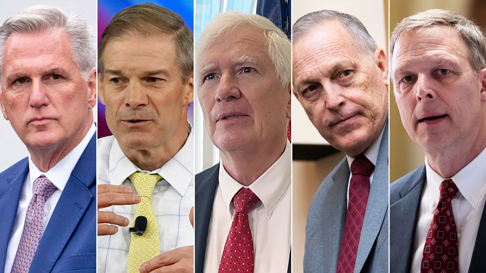 From left to right, GOP leader Kevin McCarthy and Reps. Jim Jordan of Ohio, Mo Brooks of Alabama, Andy Biggs of Arizona and Scott Perry of Pennsylvania.