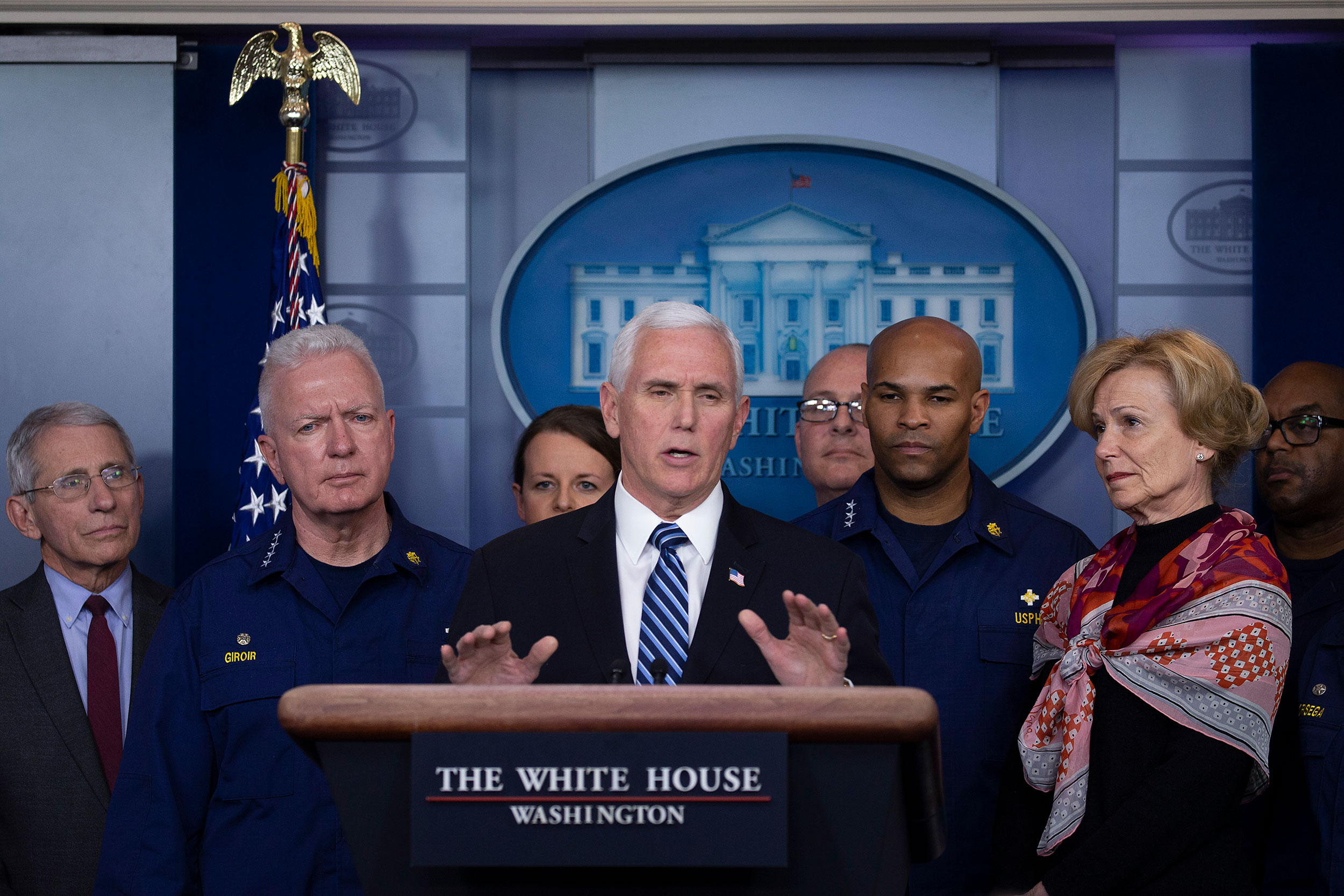 Vice President Mike Pence speaks to the media during a press briefing at the White House on March 15.