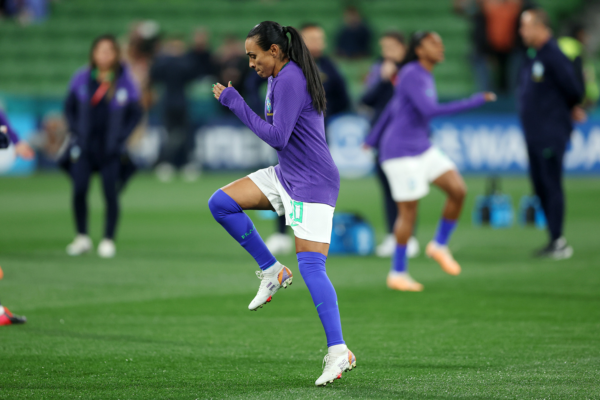 Marta of Brazil warms up prior to the FIFA Women's World Cup Australia & New Zealand 2023 Group F match between Jamaica and Brazil at Melbourne Rectangular Stadium on August 2, in Melbourne, Australia. 