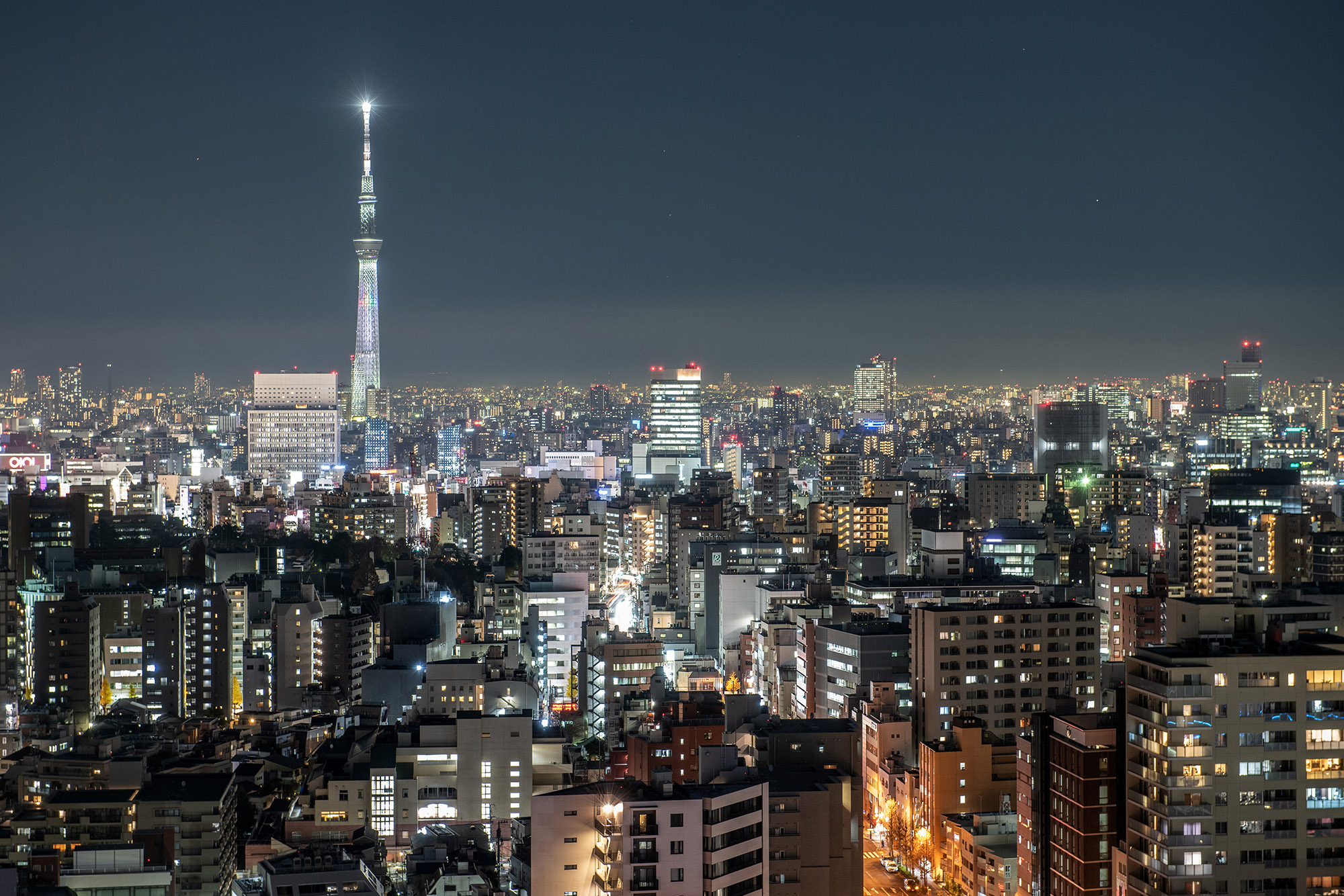 Tokyo Skytree is pictured after dusk on December 23, in Tokyo, Japan. 