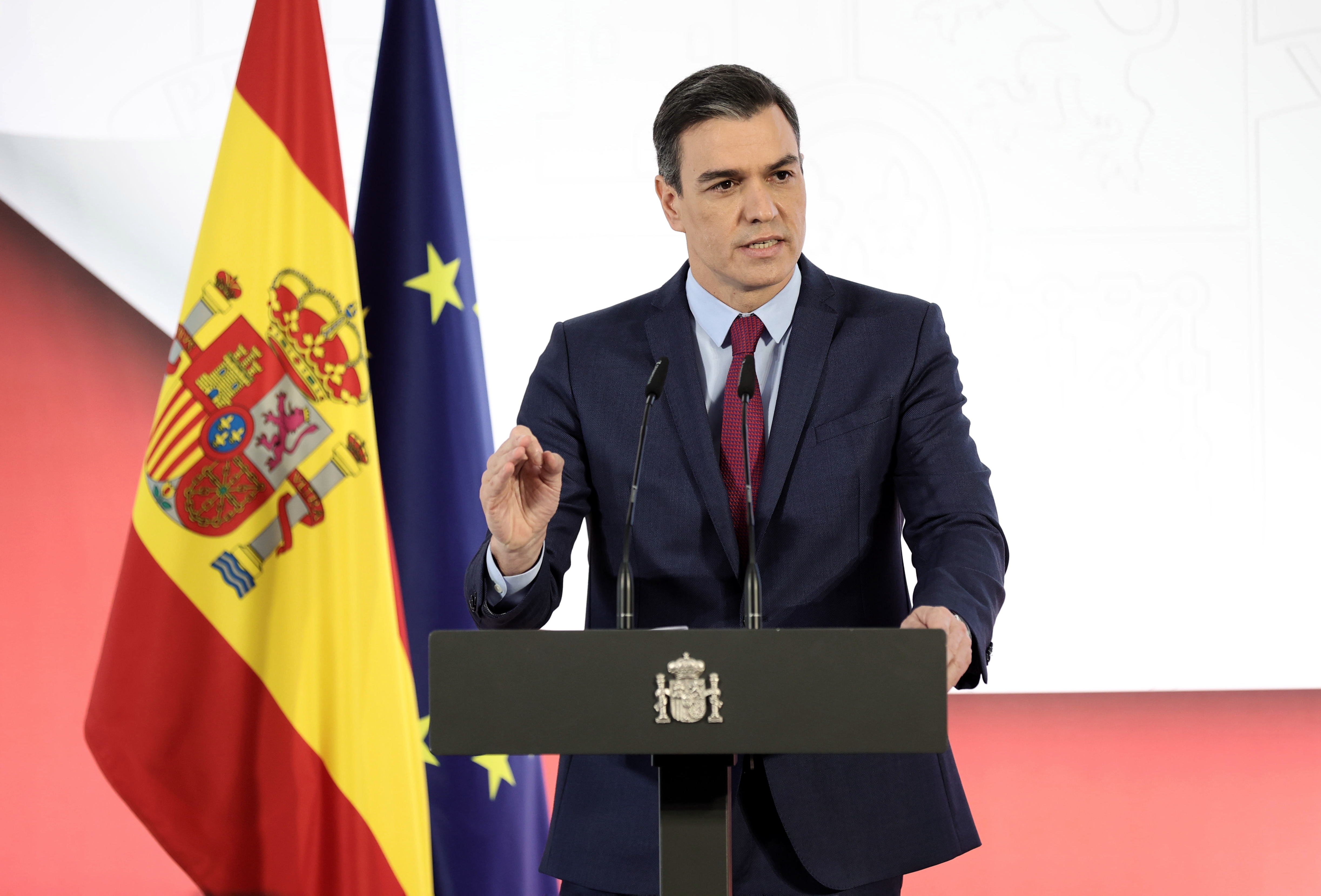 The President of the Government, Pedro Sanchez, presents the accountability report of the Government of Spain for 2021, 'Cumpliendo', at La Moncloa, on 29 December, 2021 Madrid, Spain. 