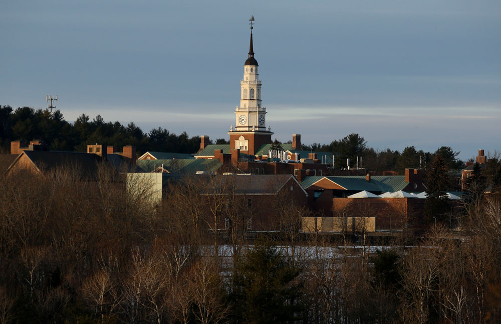 In this Friday, January 23, 2015 file photo, Miller Library towers above Colby College in Waterville, Maine.