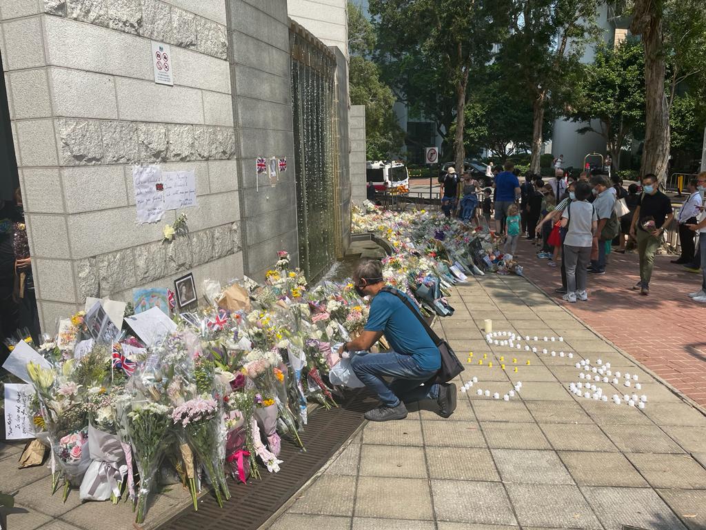 The tributes outside the British consulate in Hong Kong on Monday.