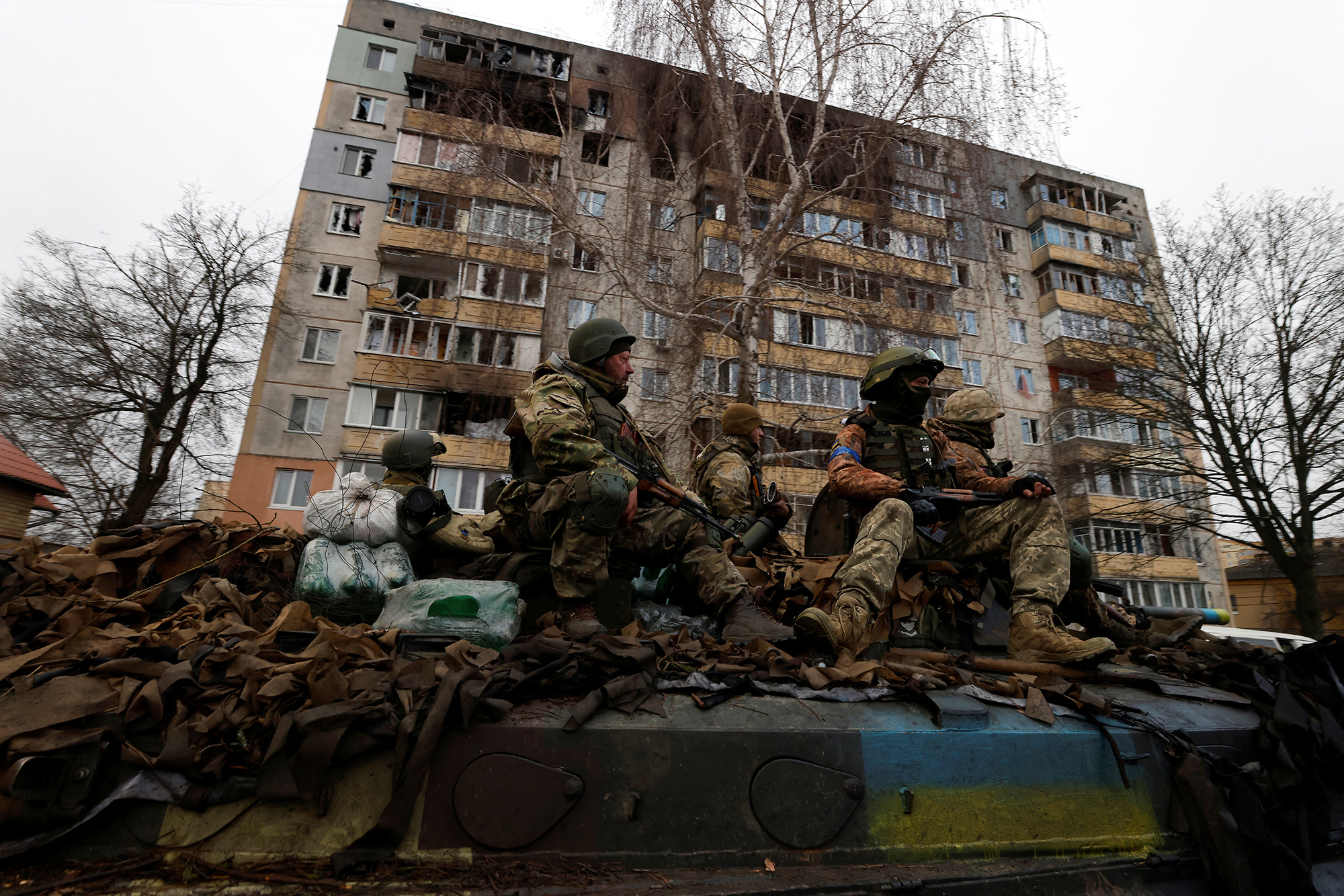 Ukrainian soldiers patrol the streets of Bucha, Ukraine on April 2. 