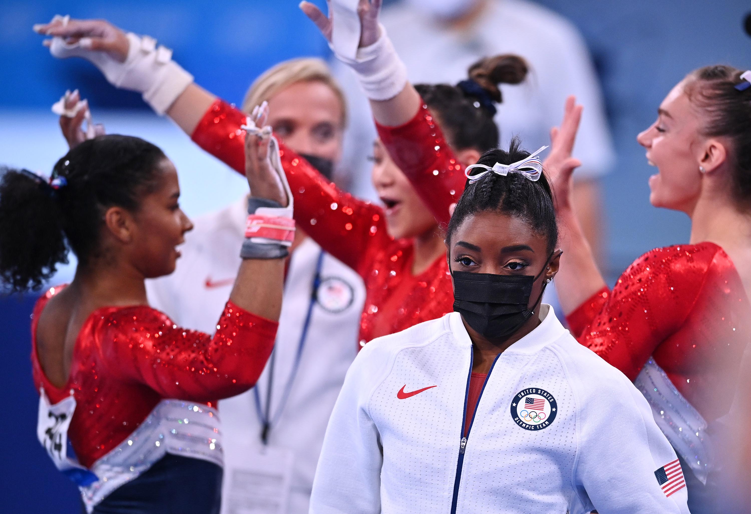 US gymnast Simone Biles wears her warm-up gear after she pulled out of the team all-around competition on Tuesday, July 27.