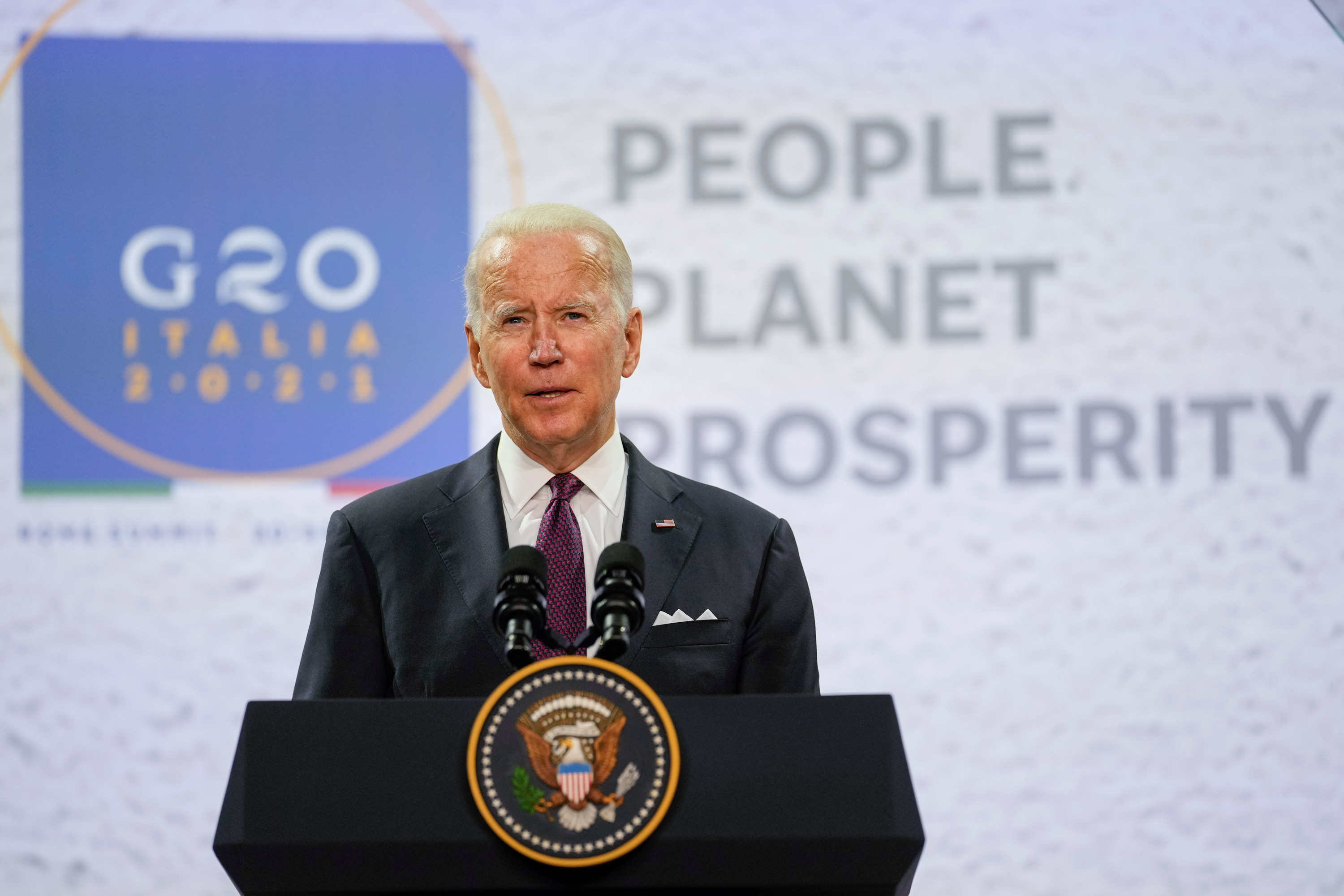 President Biden speaks during a press conference at the La Nuvola conference center for the G20 summit in Rome on October 31.