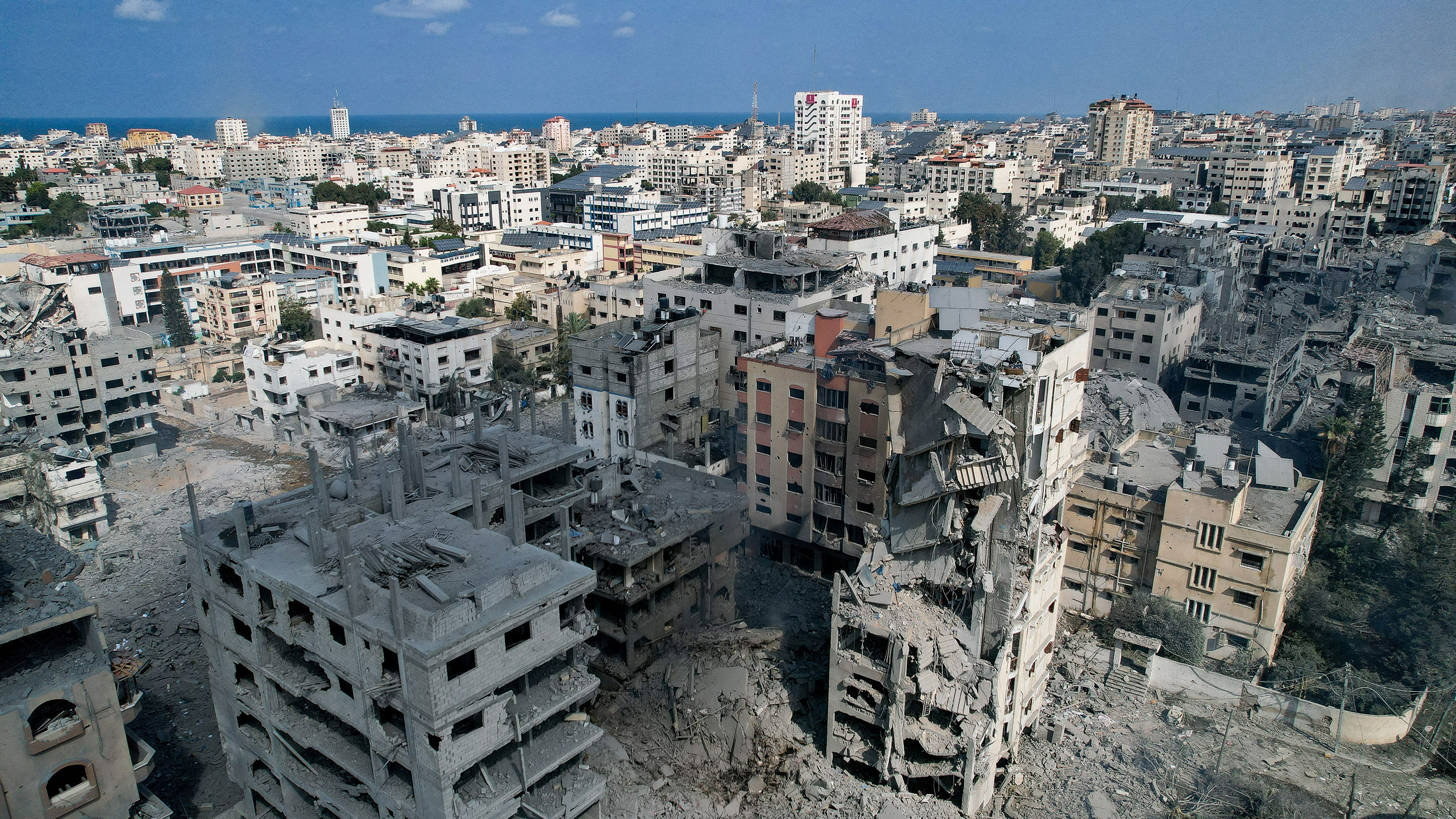 An aerial view of houses and buildings destroyed by Israeli strikes in Gaza City on October 10. 
