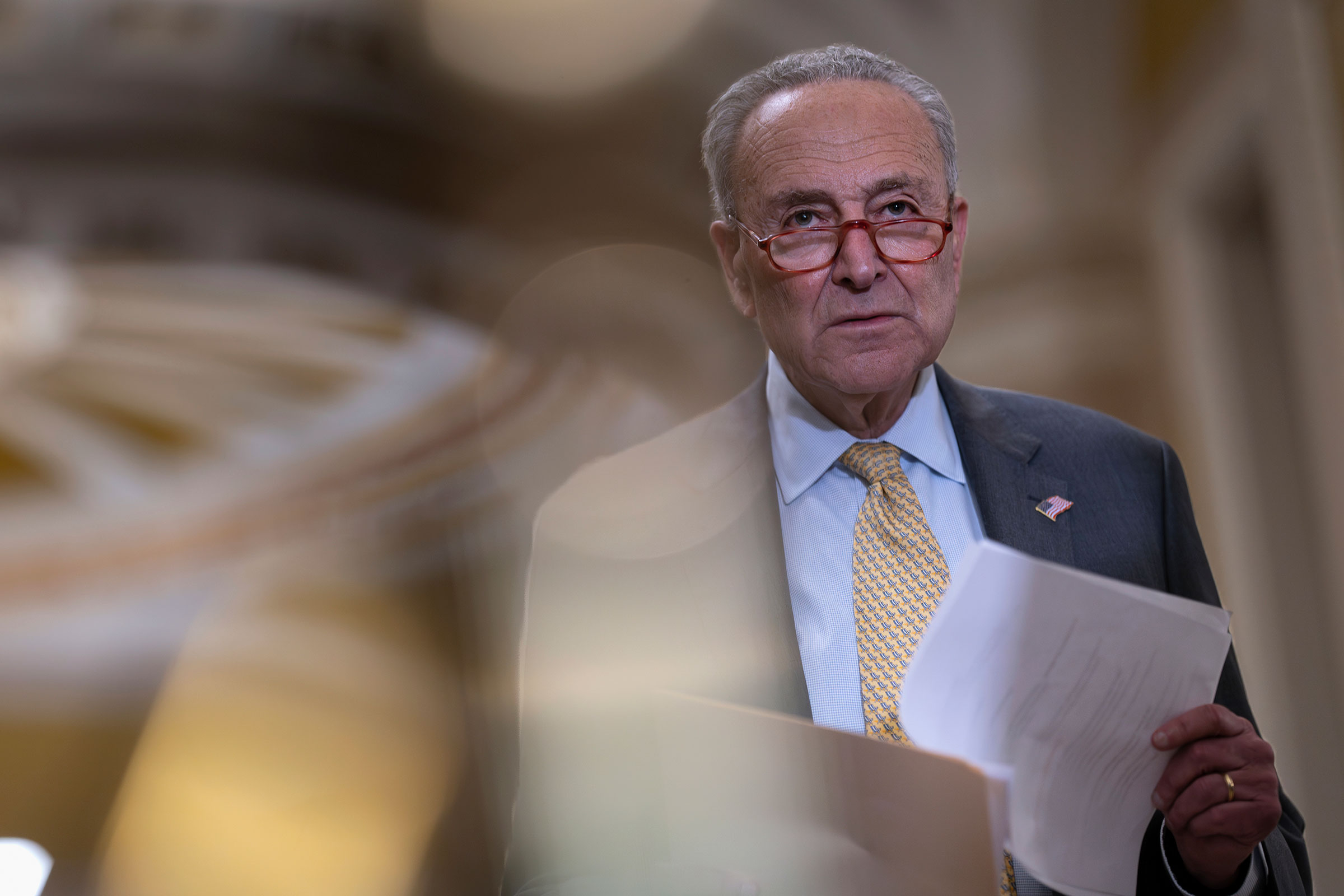 Senate Majority Leader Chuck Schumer speaks to reporters after a weekly caucus meeting, at the Capitol in Washington, DC, on Tuesday, Sept. 19, 2023.