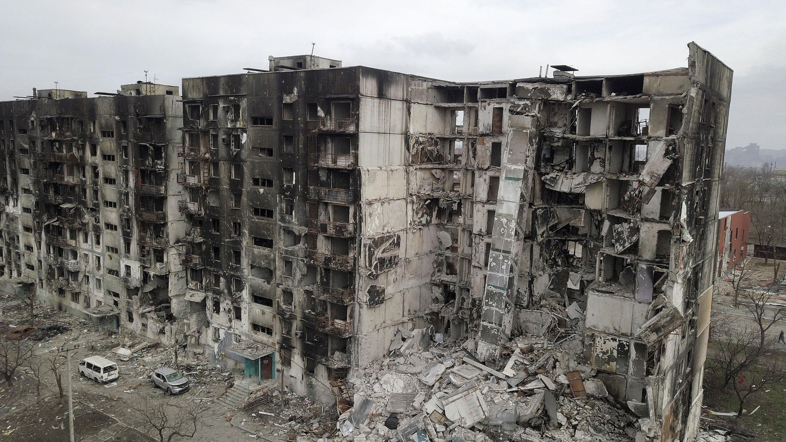 An aerial view shows destroyed residential buildings in Mariupol, Ukraine, on April 3.