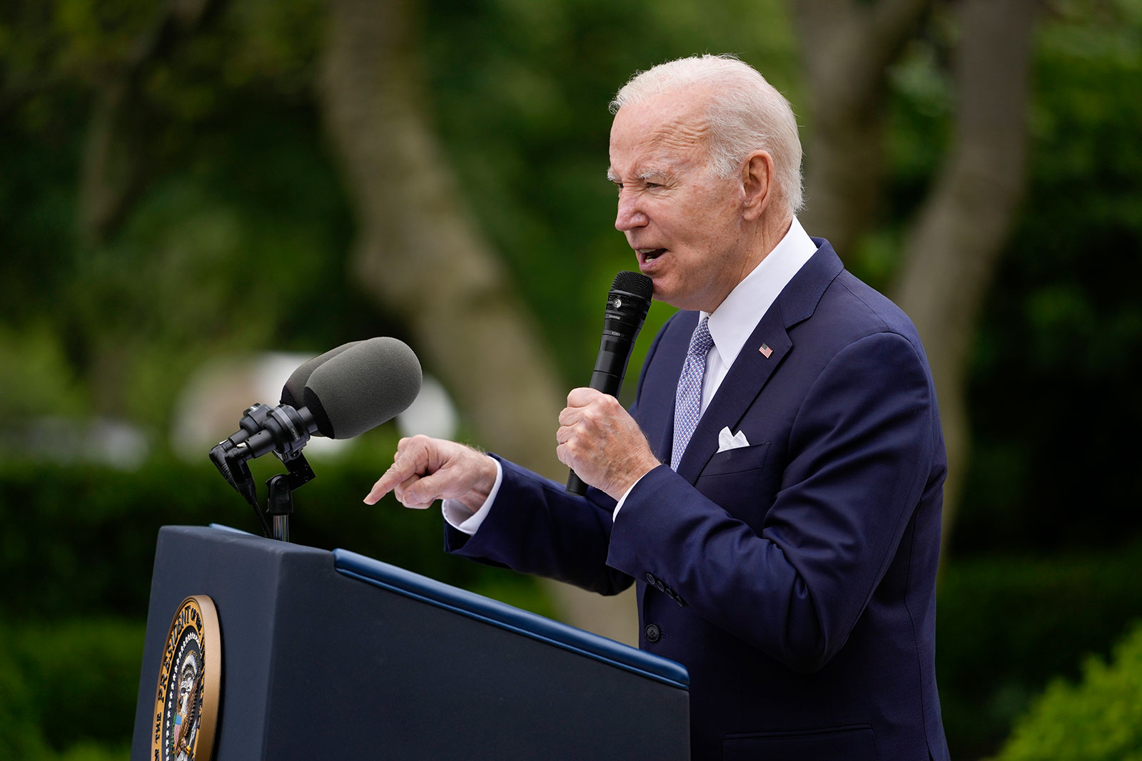 President Joe Biden speaks in the Rose Garden of the White House in Washington, DC, on May 1. 