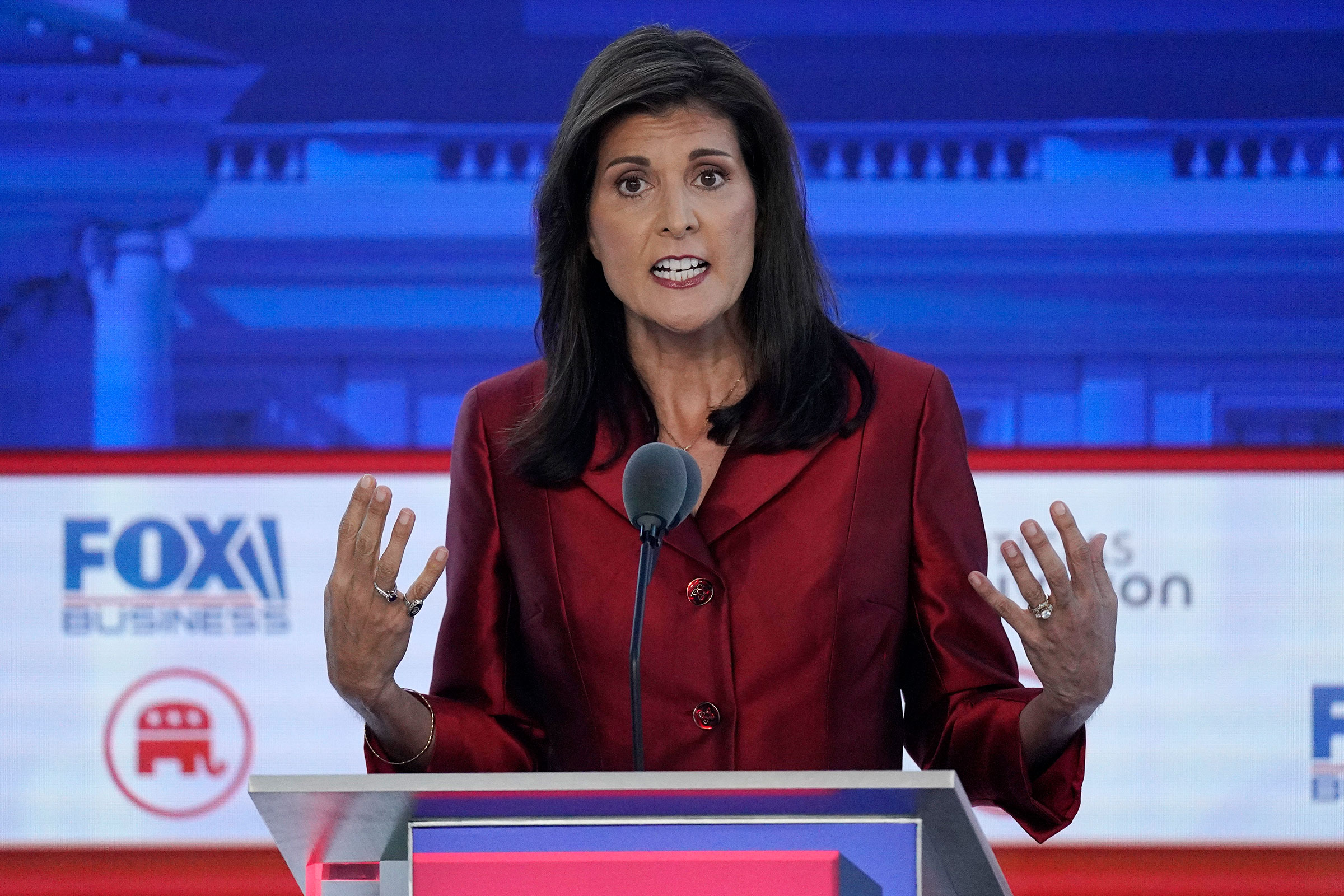 Former UN Ambassador Nikki Haley speaks during a Republican presidential primary debate hosted by FOX Business Network and Univision on Wednesday at the Ronald Reagan Presidential Library in Simi Valley, California.