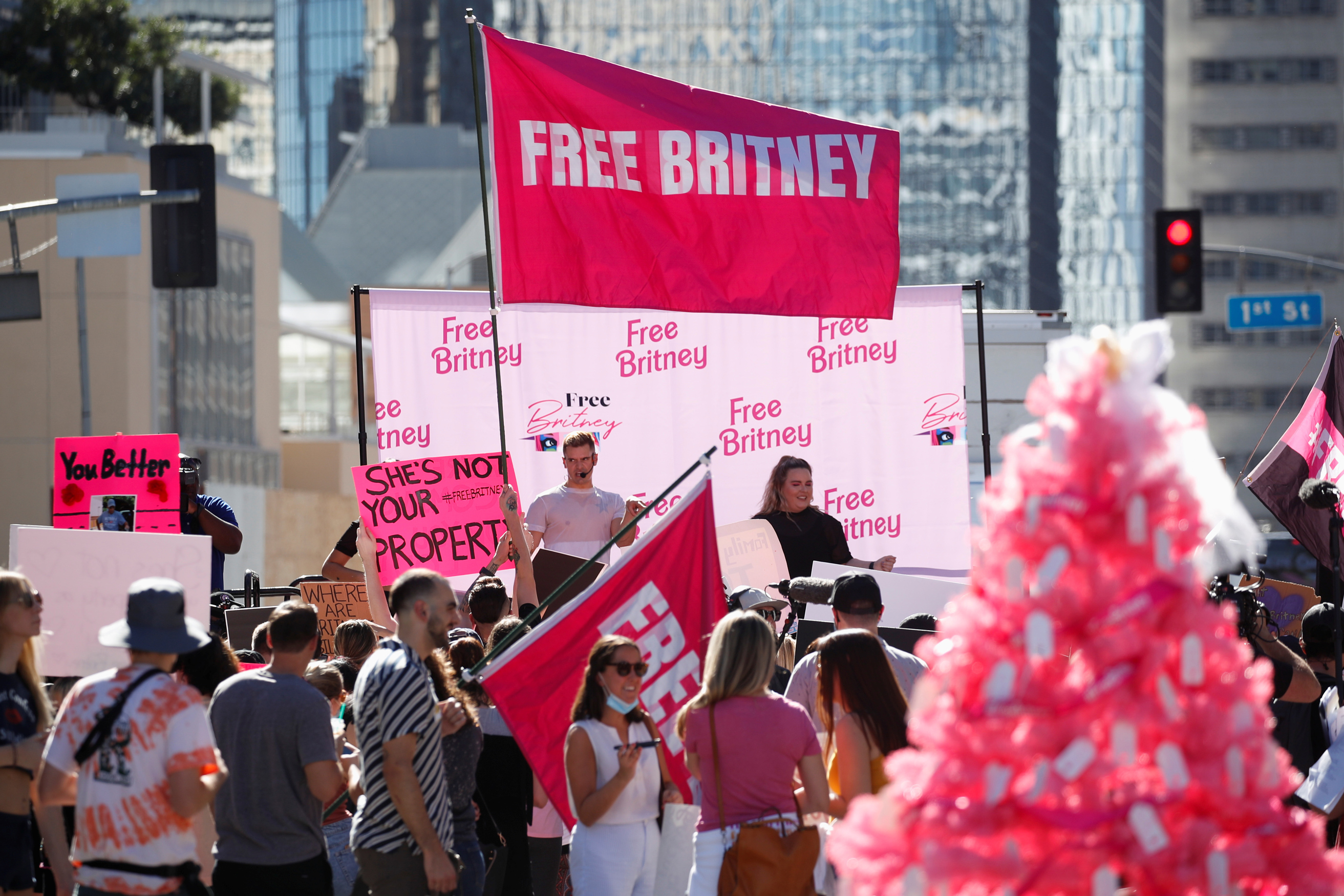 Supporters of singer Britney Spears gather outside the Stanley Mosk Courthouse.