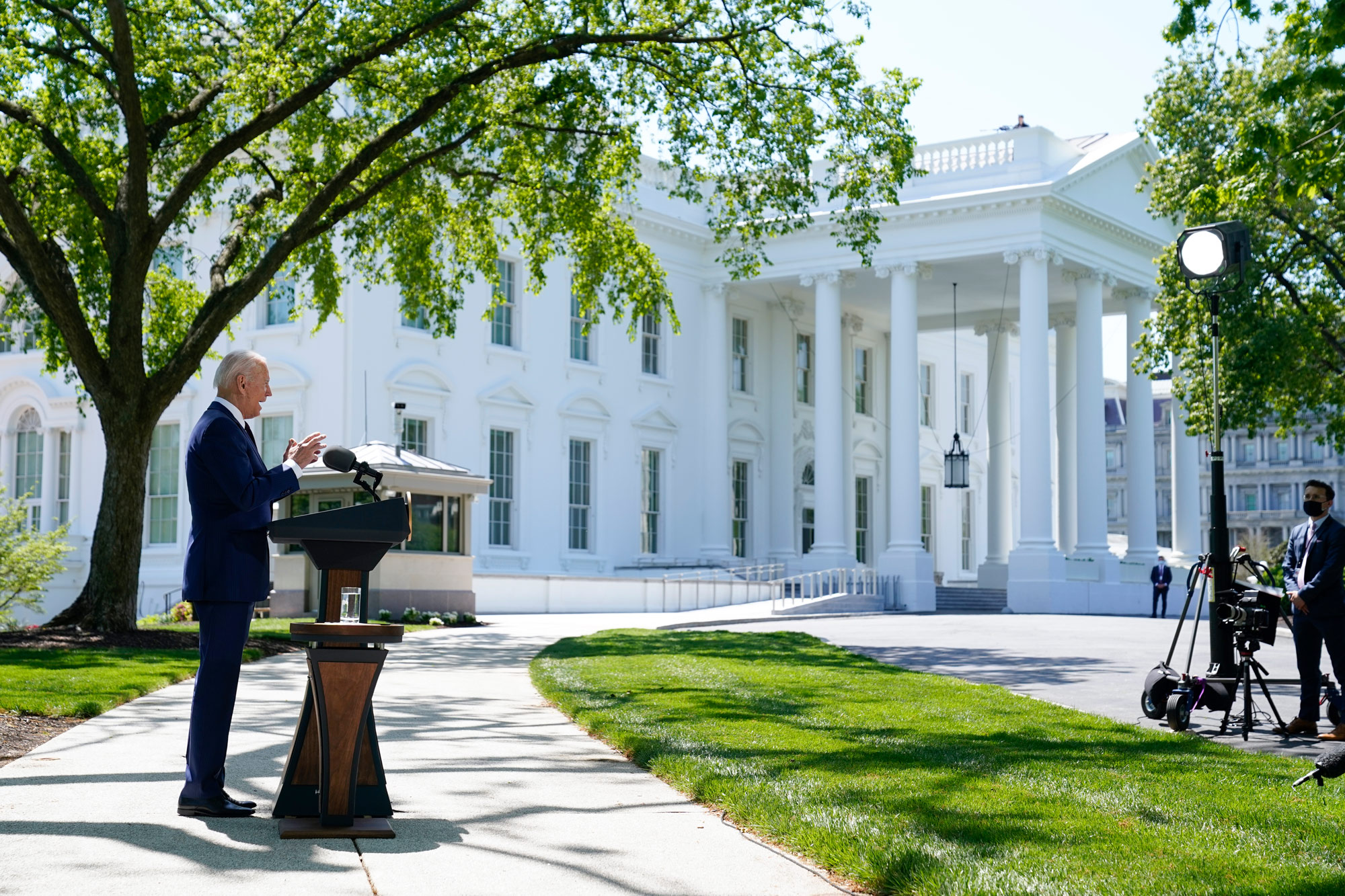 President Joe Biden speaks about COVID-19, on the North Lawn of the White House on April 27 in Washington, DC.