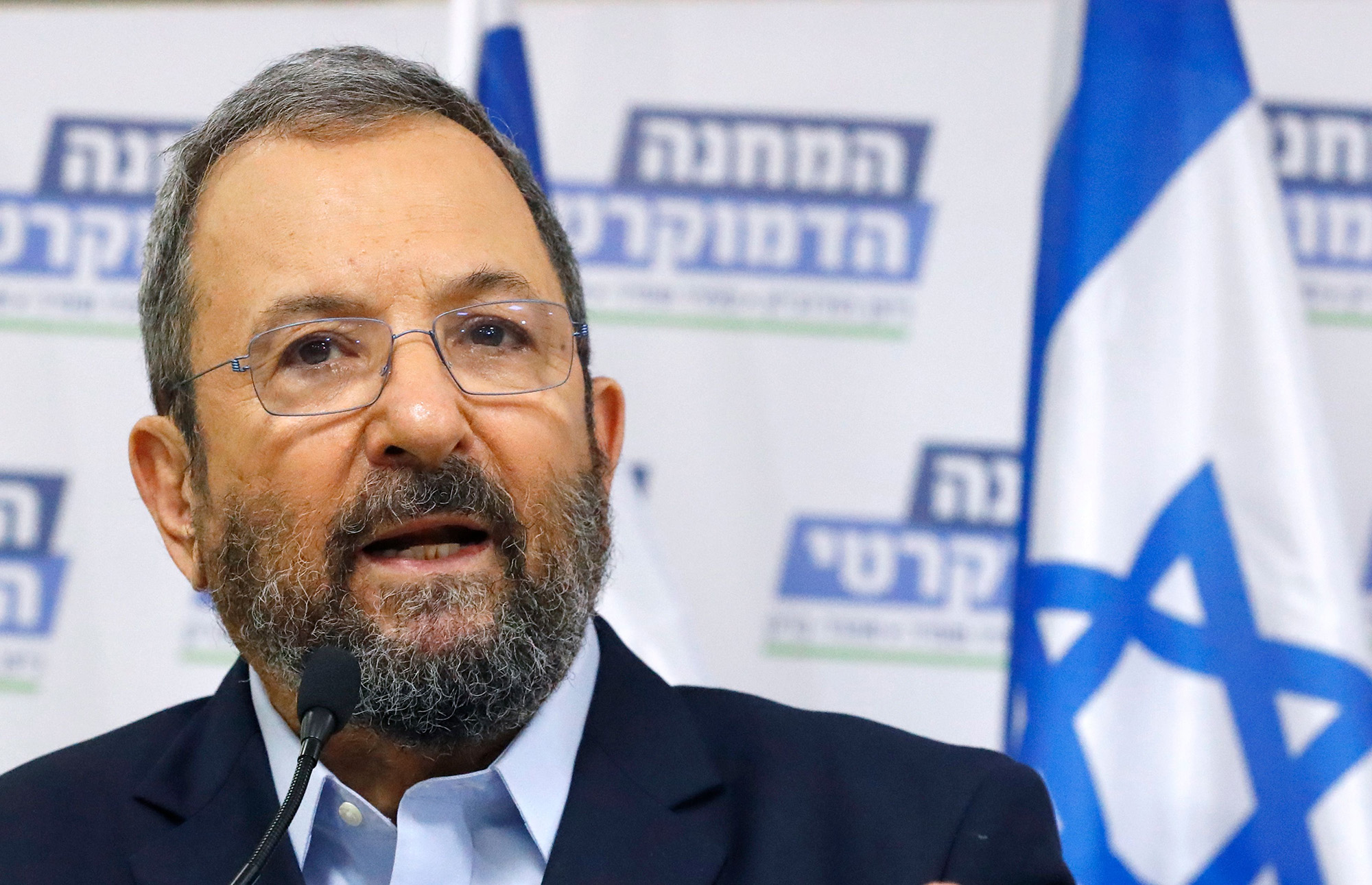 Former Israeli Prime Minister Ehud Barak attends the launch of the Democratic Union list on July 25, 2019 in the Israeli coastal city of Tel Aviv.