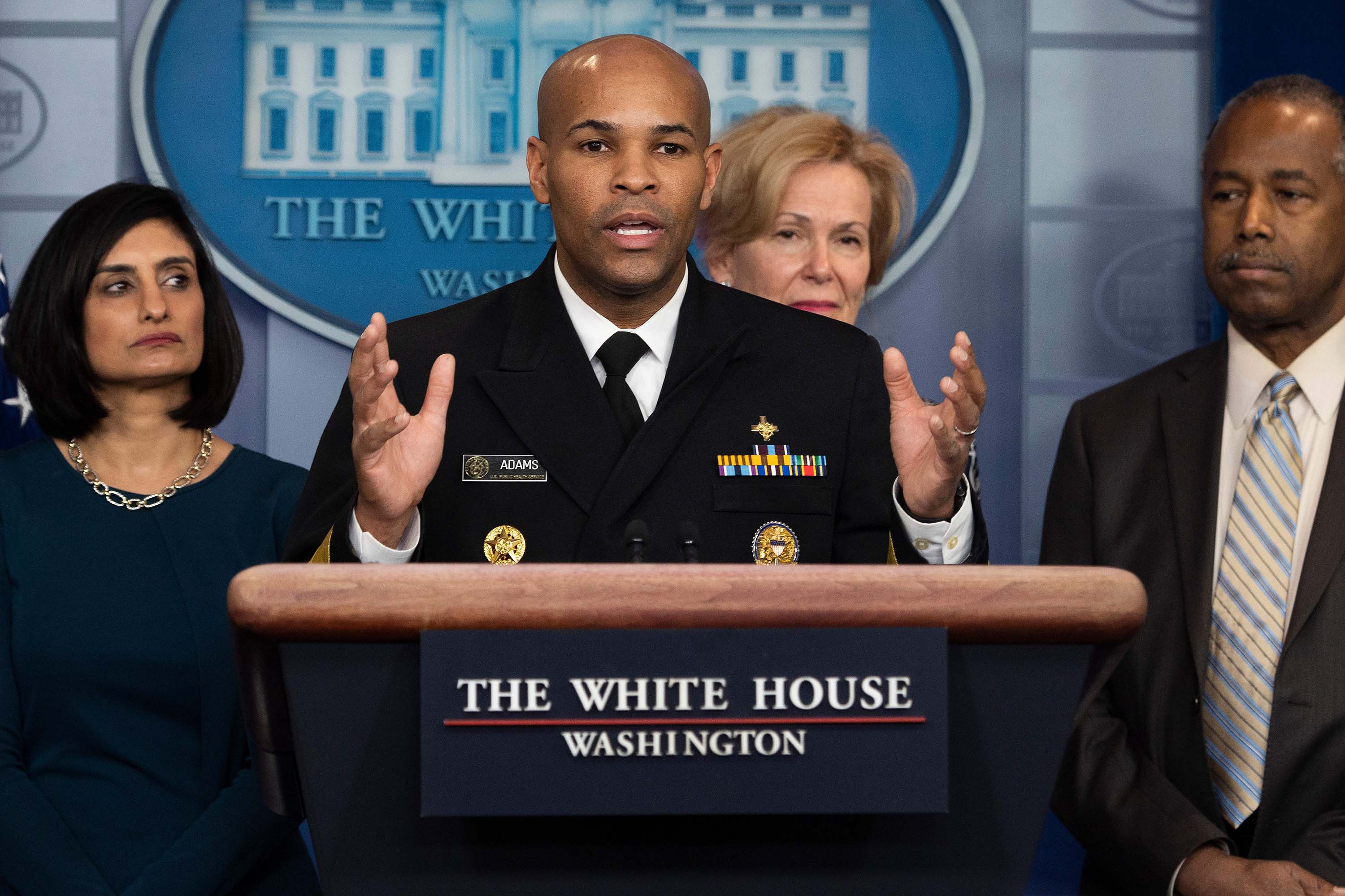 US Surgeon General Jerome Adams speaks during a press briefing about the coronavirus in Washington, DC, on March 14.