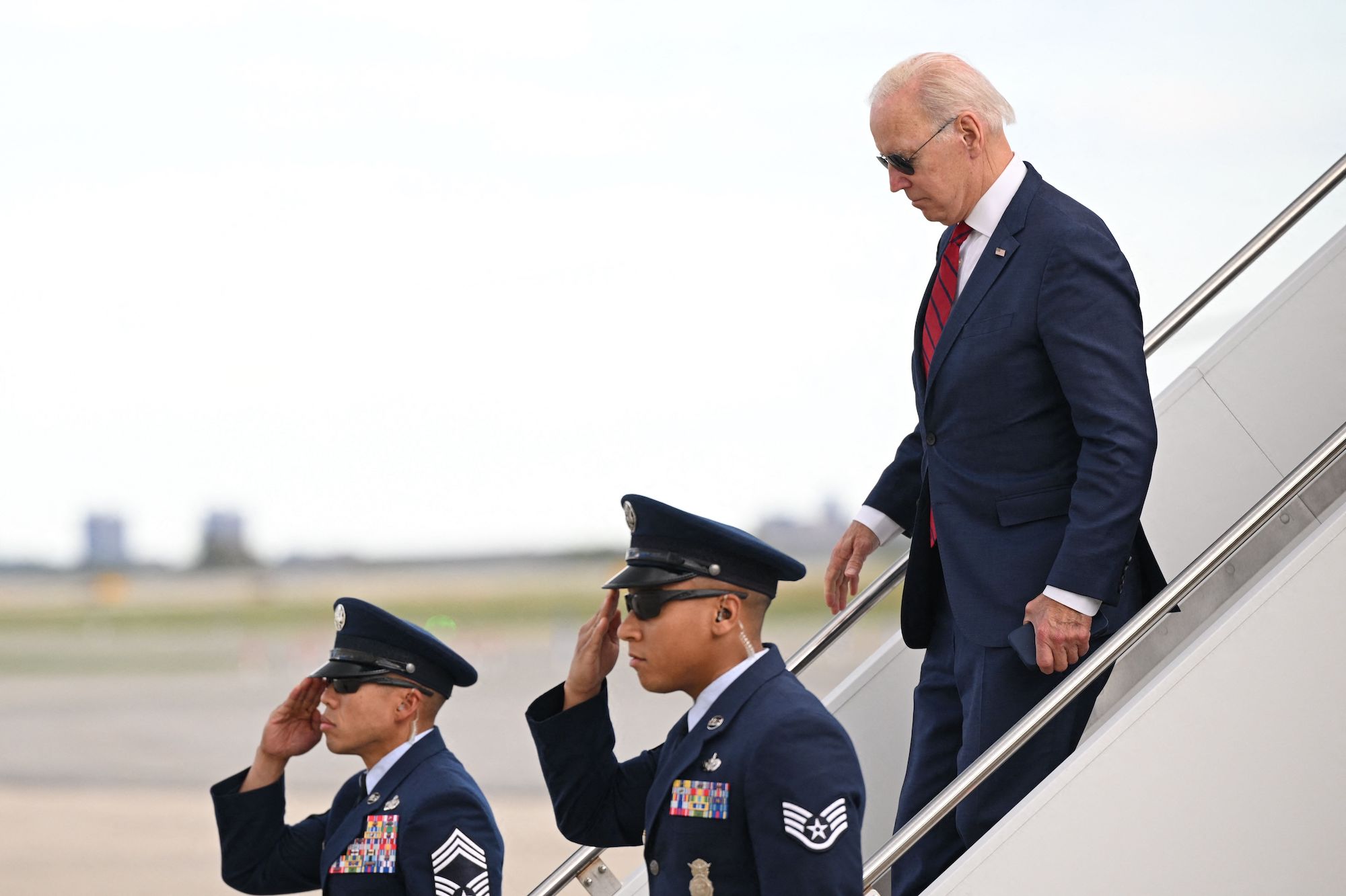 US President Joe Biden disembarks Air Force One at John F. Kennedy International Airport, New York on September 20.