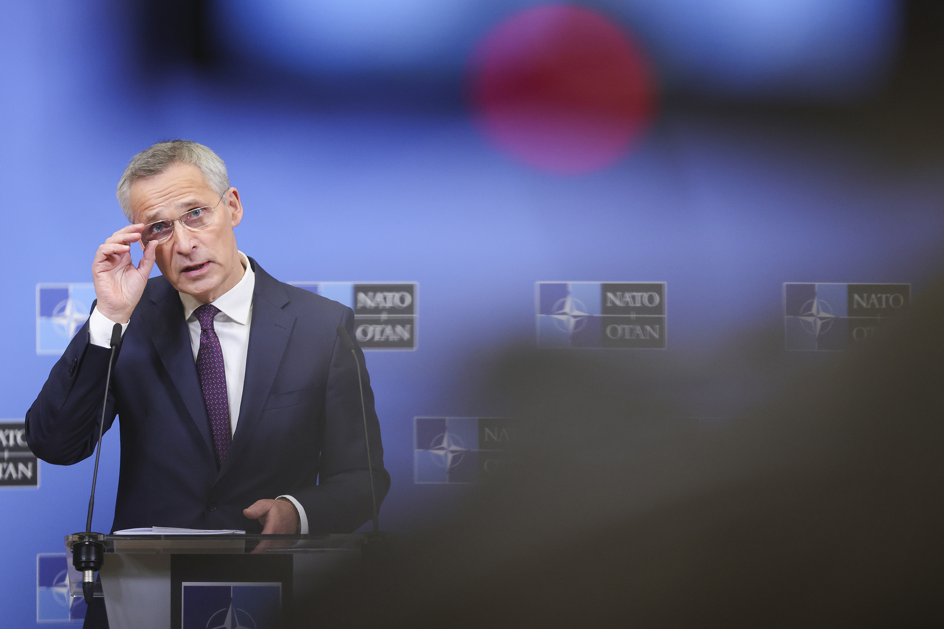 NATO Secretary General Jens Stoltenberg speaks during a news conference in Brussels, Belgium, on February 15.