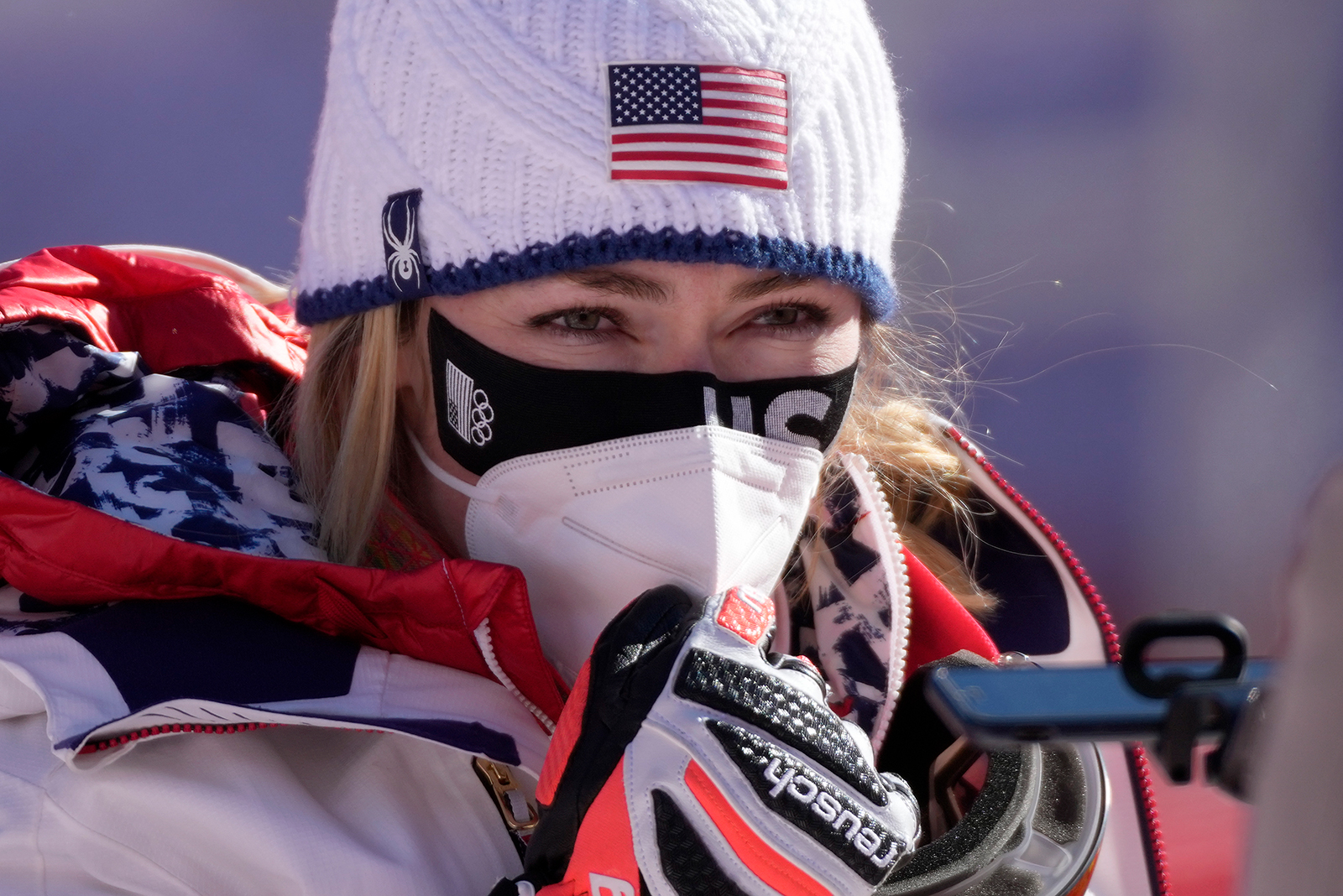 Mikaela Shiffrin waits in the finish area after women's downhill training on February 14.