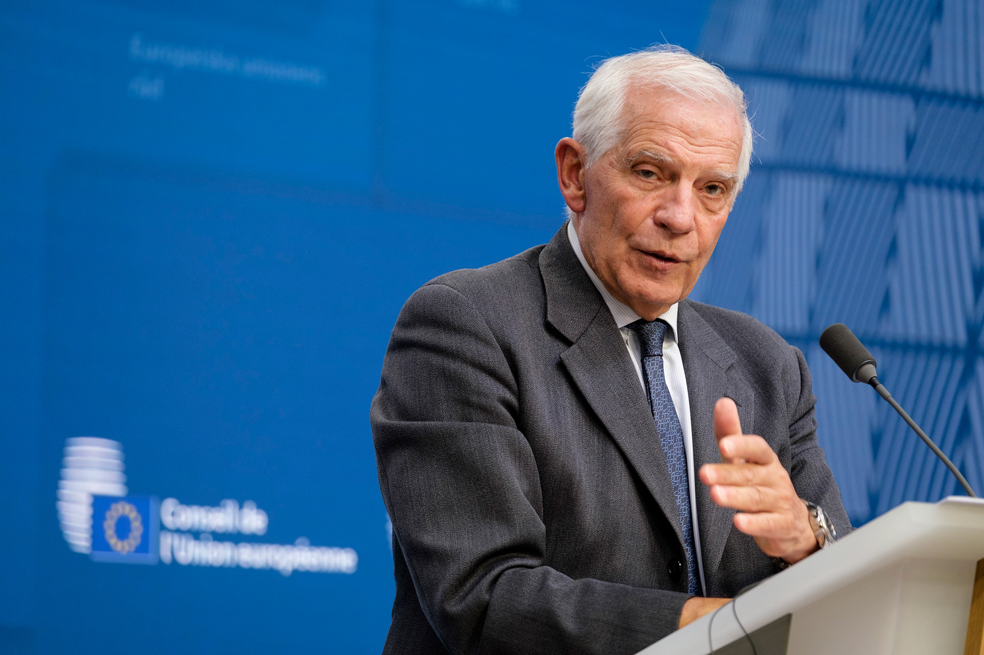 EU Commissioner for Foreign Affairs and Security Policy Vice President Josep Borrell speaks to media at the EU Council headquarters in Brussels, Belgium, on November 14.