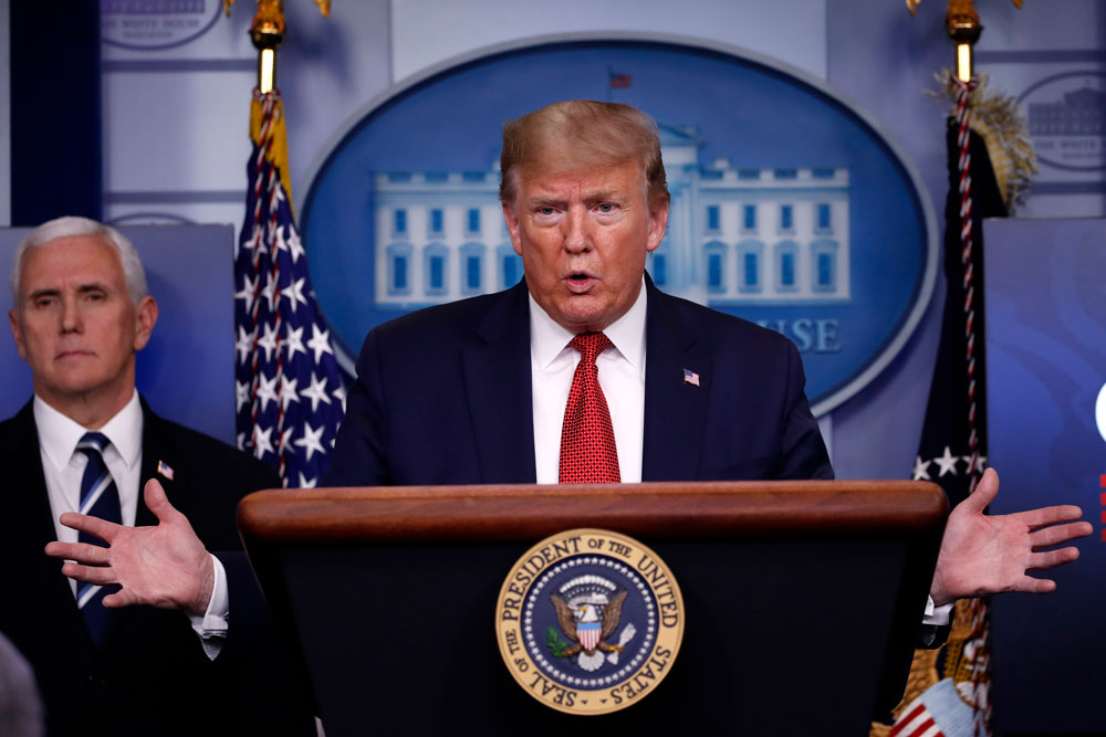 President Donald Trump speaks about the coronavirus in the James Brady Press Briefing Room of the White House on Thursday, April 16, in Washington.