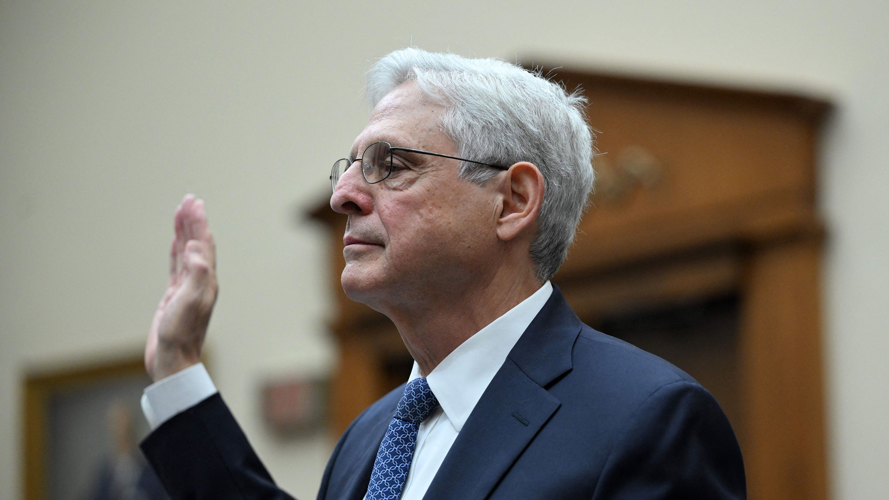 US Attorney General Merrick Garland is sworn in before testifying at a hearing on Capitol Hill in Washington, DC, on Wednesday.
