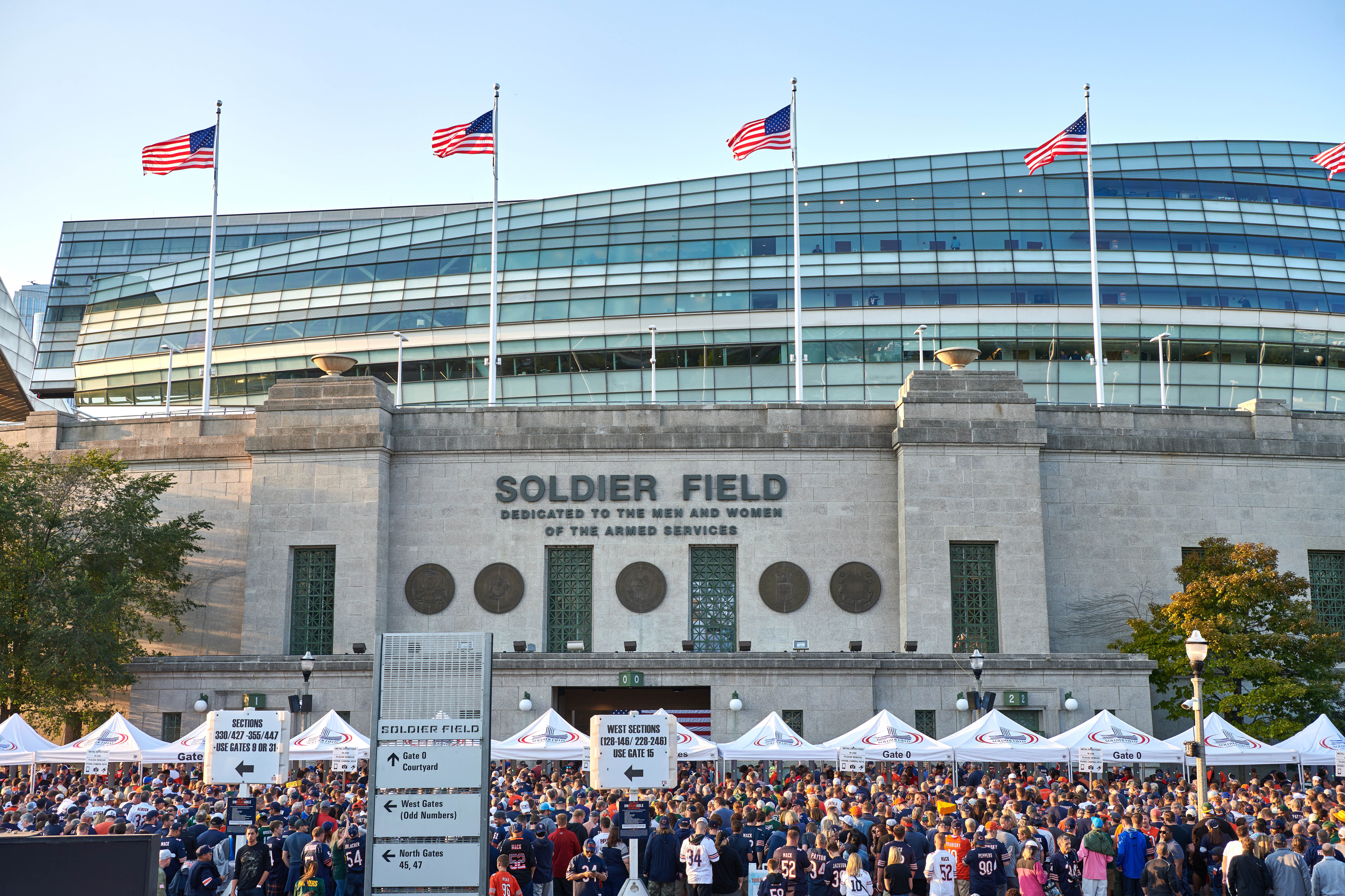 Fans enter Soldier Field in Chicago on September 5, 2019, for a Chicago Bears game against the Green Bay Packers.