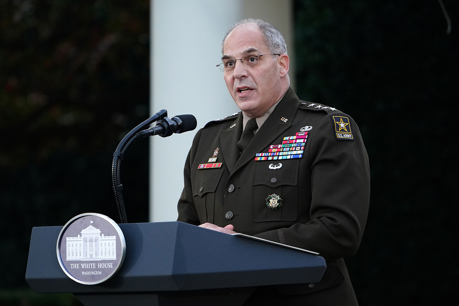 General Gustave Perna delivers an update on "Operation Warp Speed" in the Rose Garden of the White House in Washington, DC, on November 13.