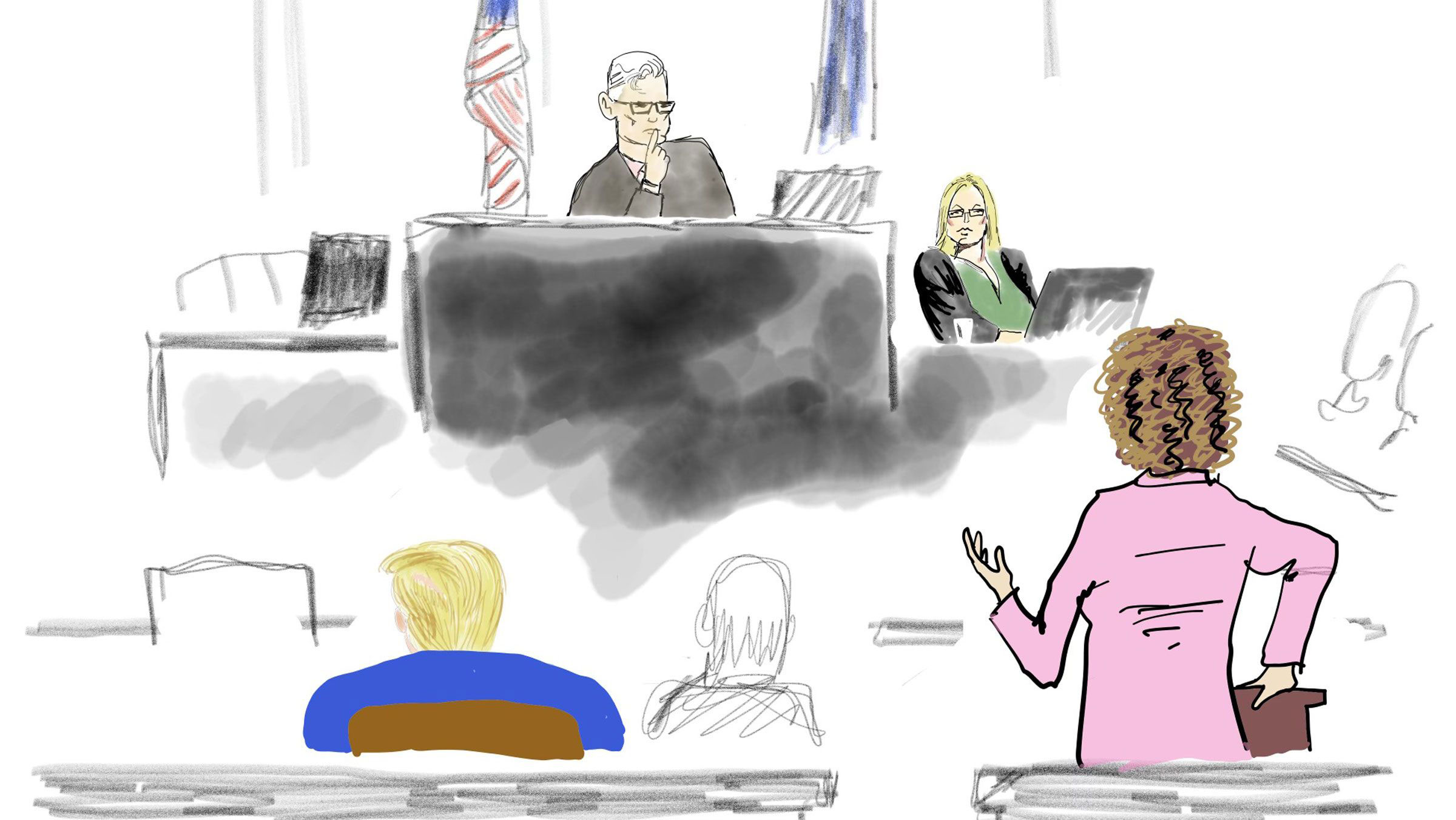 Diese Skizze von Jake Tapper von CNN zeigt Stormy Daniels am Donnerstag, dem 9. Mai, im Zeugenstand. Unten rechts ist die Verteidigerin Susan Necheles. 