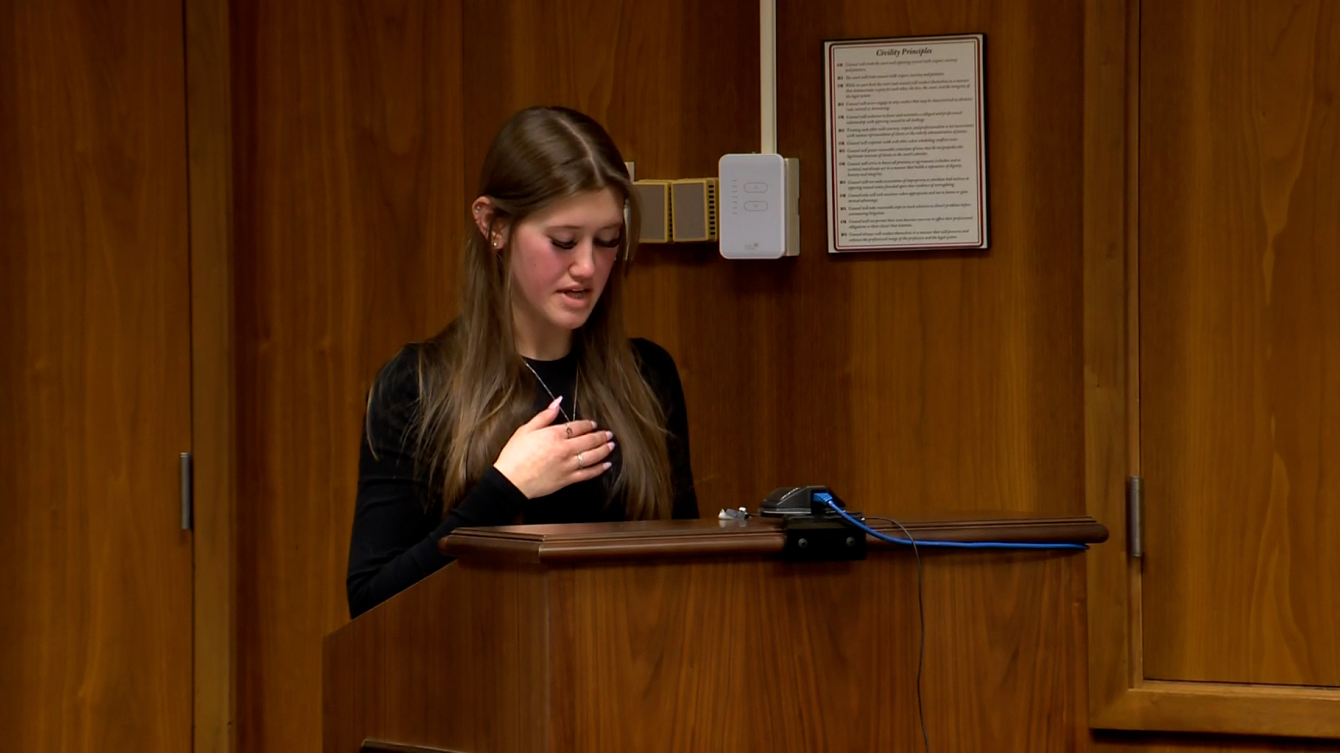 Riley Franz, a survivor who was shot during the Oxford High School shooting, speaks during a victim impact statement on Friday.