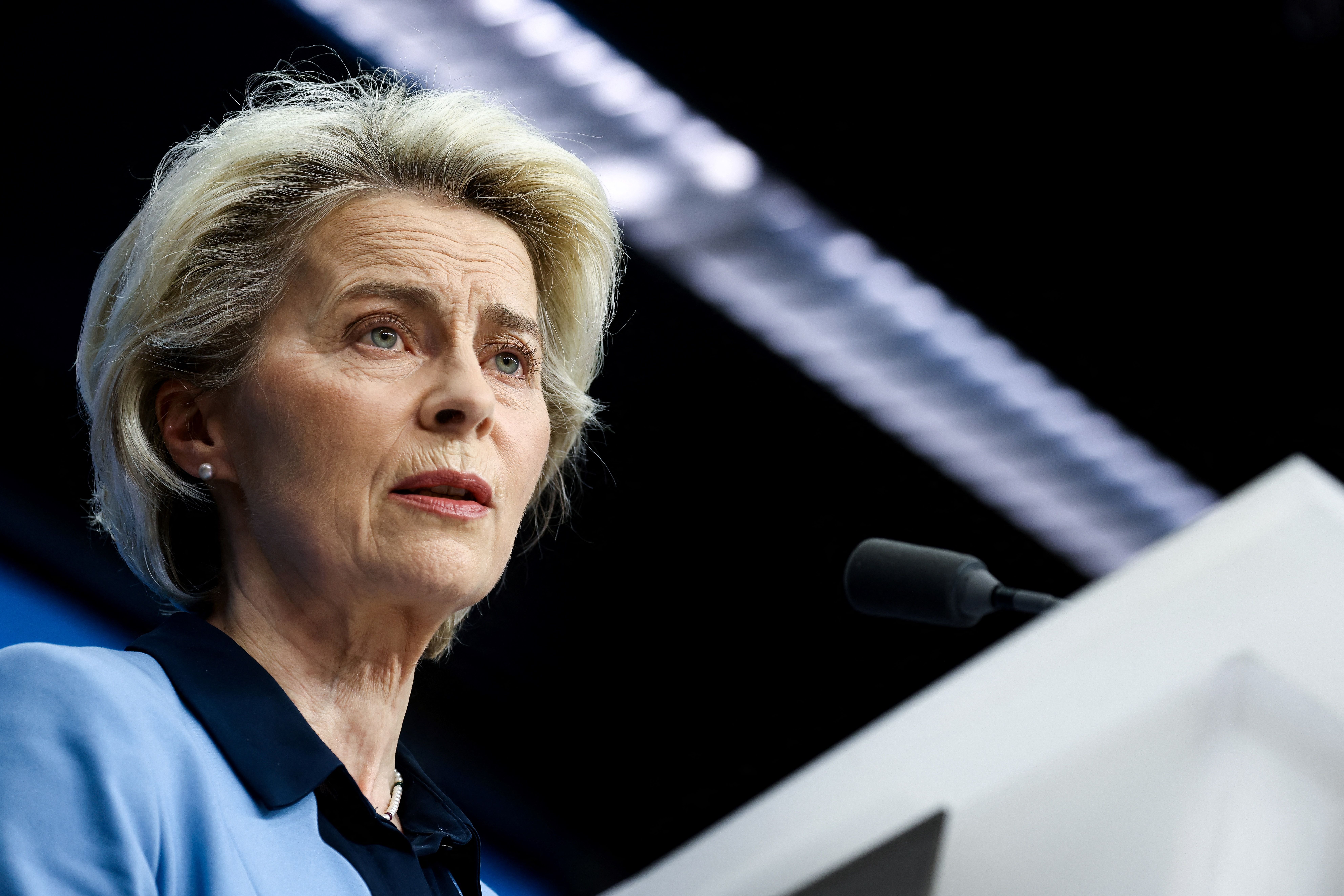 European Commission President Ursula von der Leyen speaks during a press conference after a virtual summit with China's President in Brussels, Belgium, on April 1.
