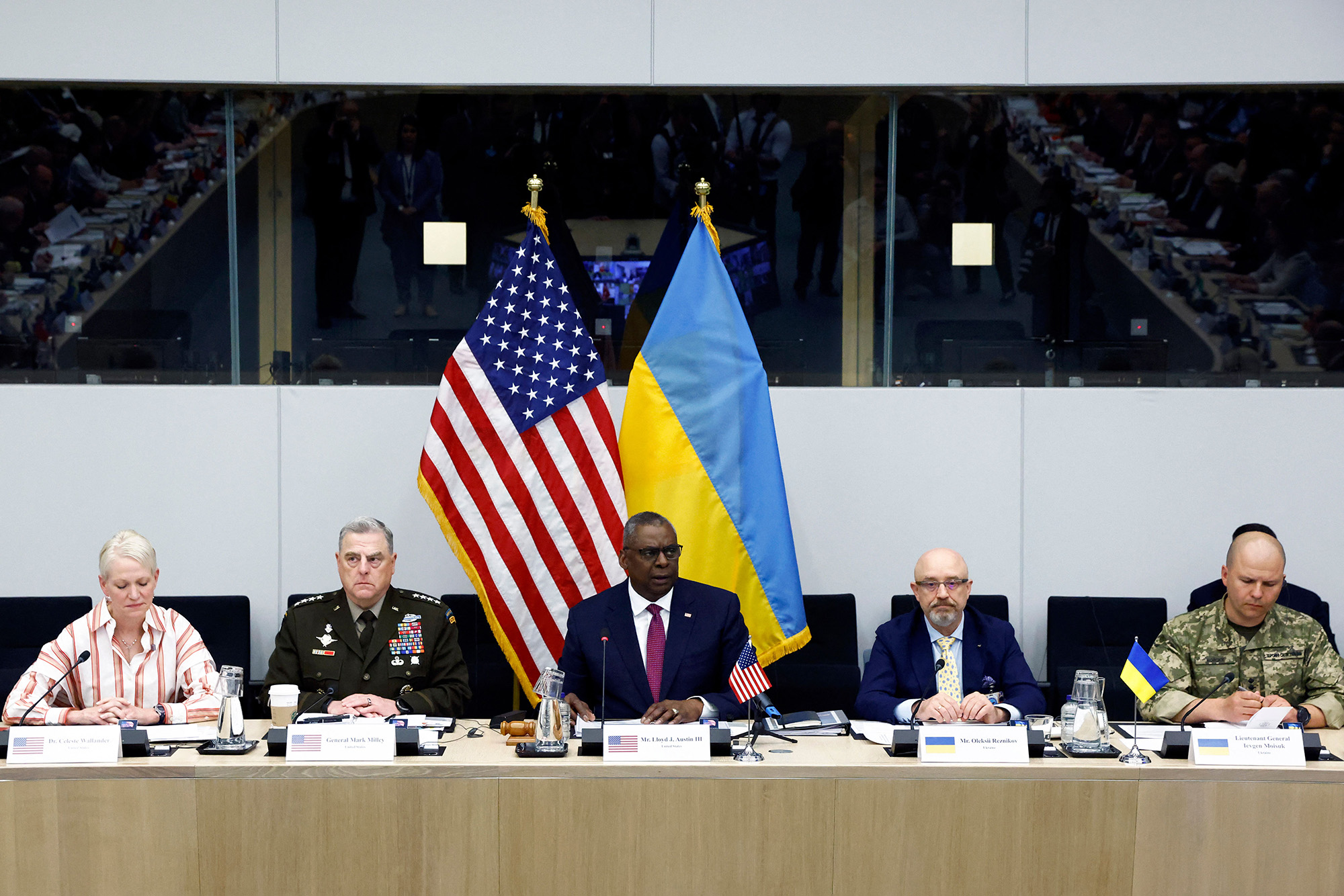 Left to right, U.S. Assistant Secretary of Defense for International Security Affairs Celeste A. Wallander, U.S. Chairman of the Joint Chiefs of Staff, General Mark Milley, U.S. Defense Secretary Lloyd Austin, Ukraine's Defence Minister Oleksii Reznikov and Ukrainian Lieutenant General Levgen Moisuk attend the Ukraine Defence Contact group meeting ahead of a NATO defence ministers' meeting at the alliance's headquarters in Brussels, Belgium, on June 15.