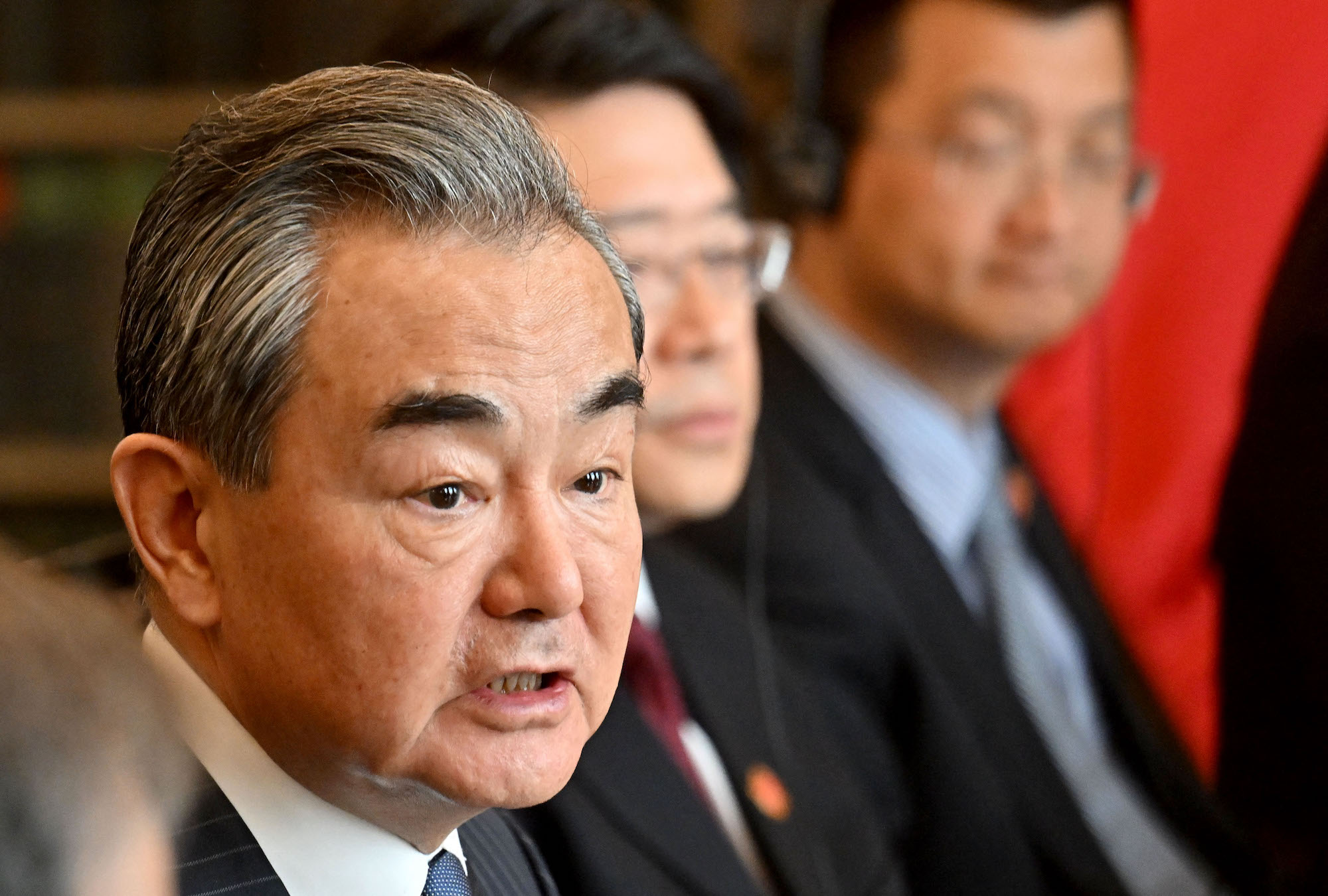Wang Yi speaks during a meeting with the Hungarian Foreign and Trade Minister in Budapest on Monday.