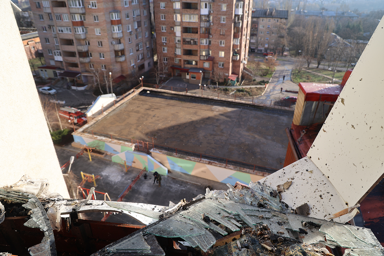 A view of the damage caused after a shelling by Ukrainian forces in Donetsk's center Thursday.