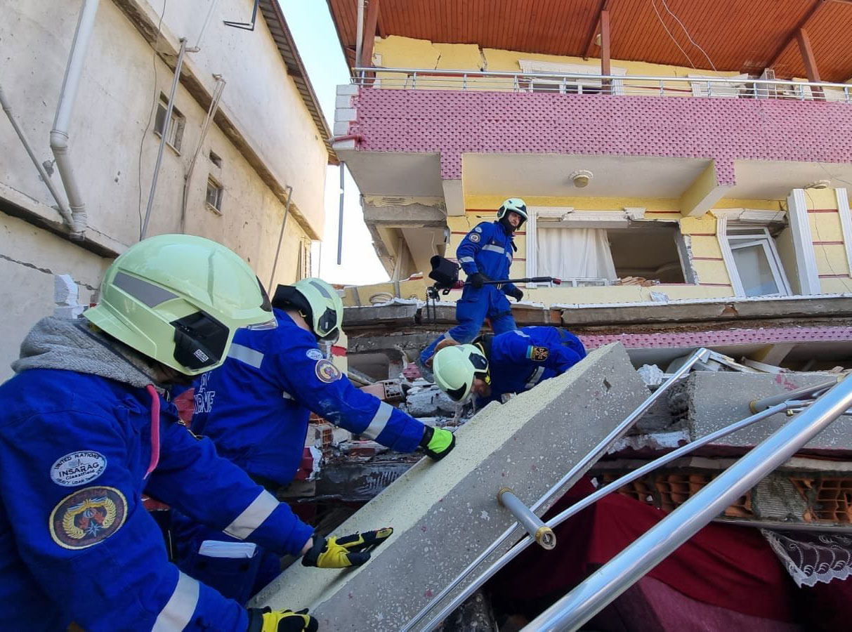 A team of rescuers from the Ukrainian State Emergency Service does a search and rescue operation in Antakya, Turkey on February 9. 