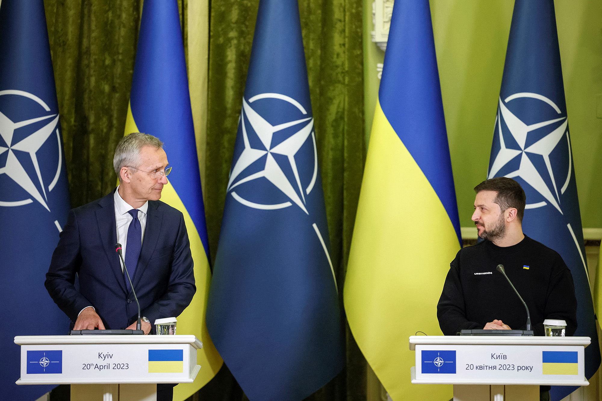 NATO Secretary-General Jens Stoltenberg, left, and Ukraine's President Volodymyr Zelensky attend a joint news briefing in Kyiv, Ukraine, on April 20.