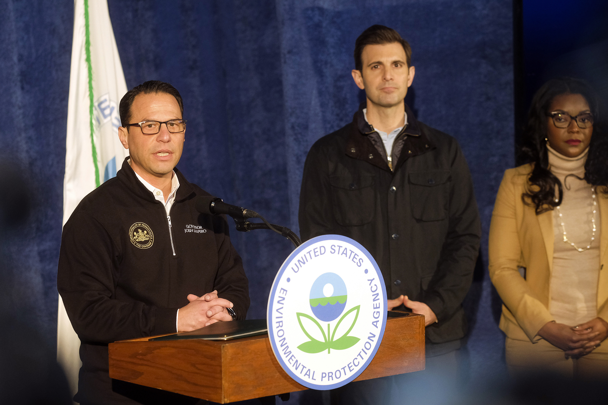 Josh Shapiro, governor of Pennsylvania, left, speaks during a news conference in East Palestine, Ohio, US, on Tuesday, February 21. 