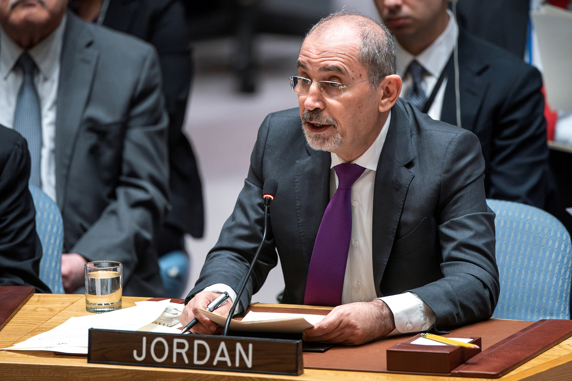 Jordan's Deputy Prime Minister and Minister for Foreign Affairs and Expatriates Ayman Safadi speaks to members of Security Council at U.N. headquarters in New York City, on April 18.