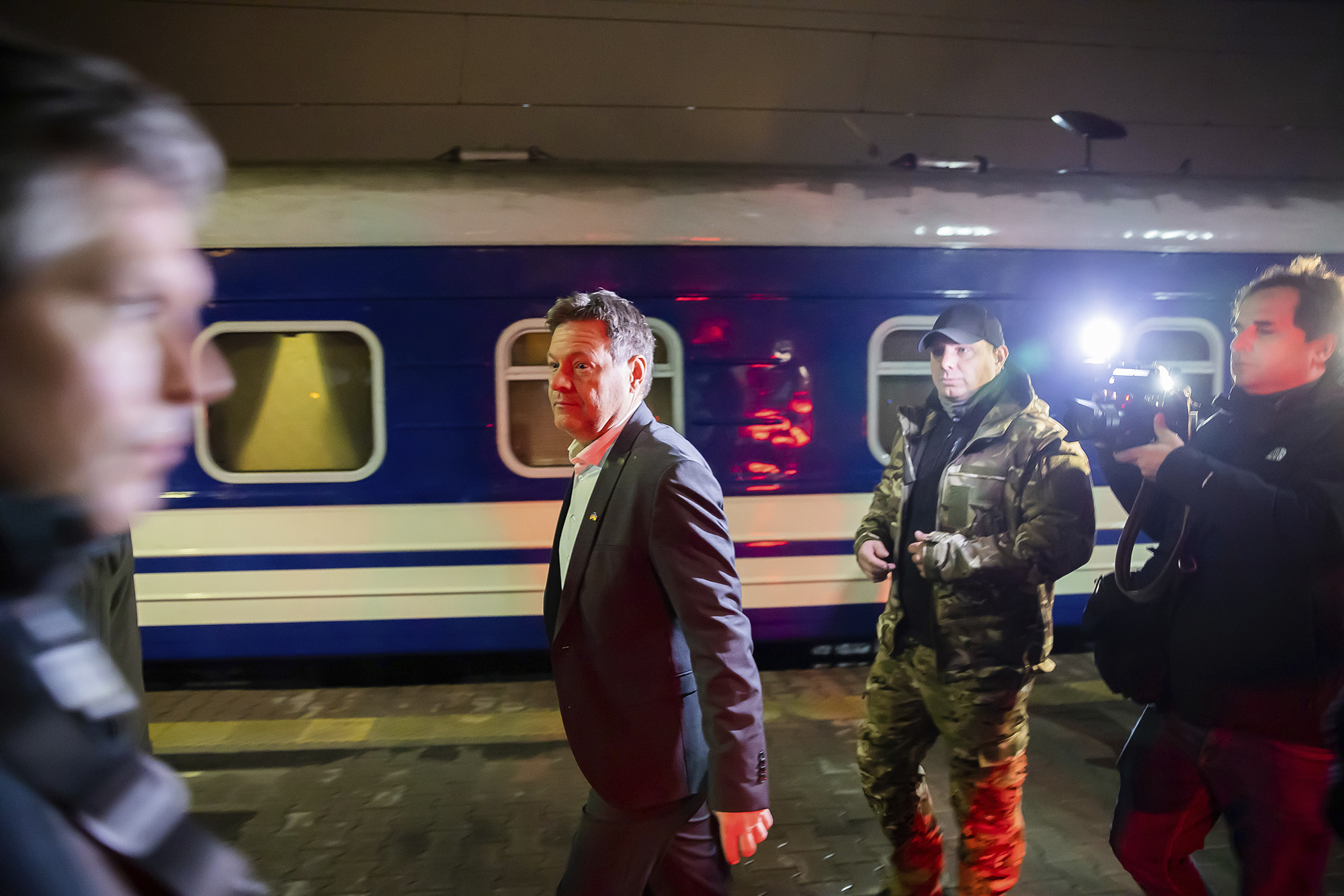 Robert Habeck, Federal Minister for the Economy and Climate Protection, arrives at the railroad station in Kyiv, Ukraine, on April 3. 