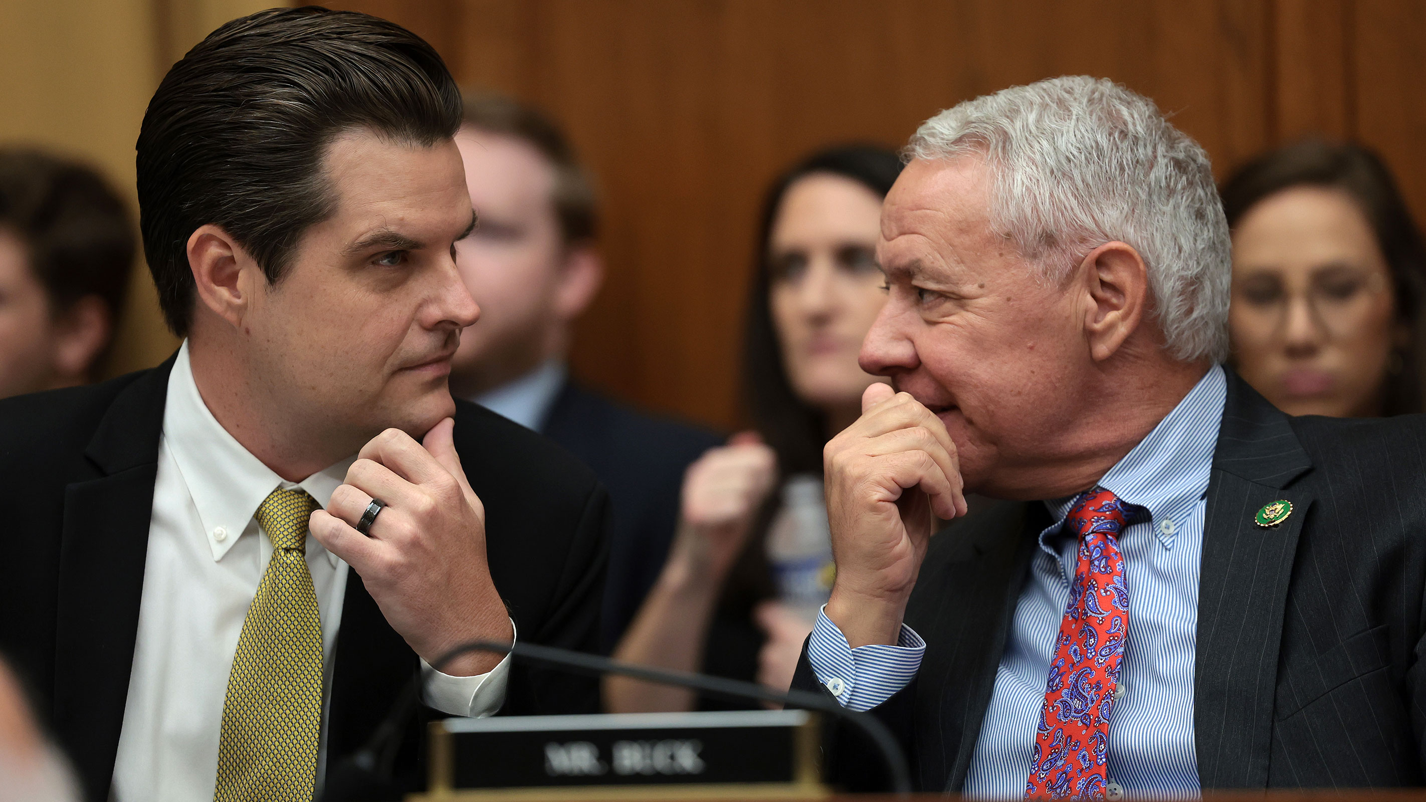 Rep. Matt Gaetz, left, talks to Rep. Ken Buck, right, as Attorney General Merrick Garland testifies before the House Judiciary Committee in the Rayburn House Office Building on September 20, 2023 in Washington, DC. 