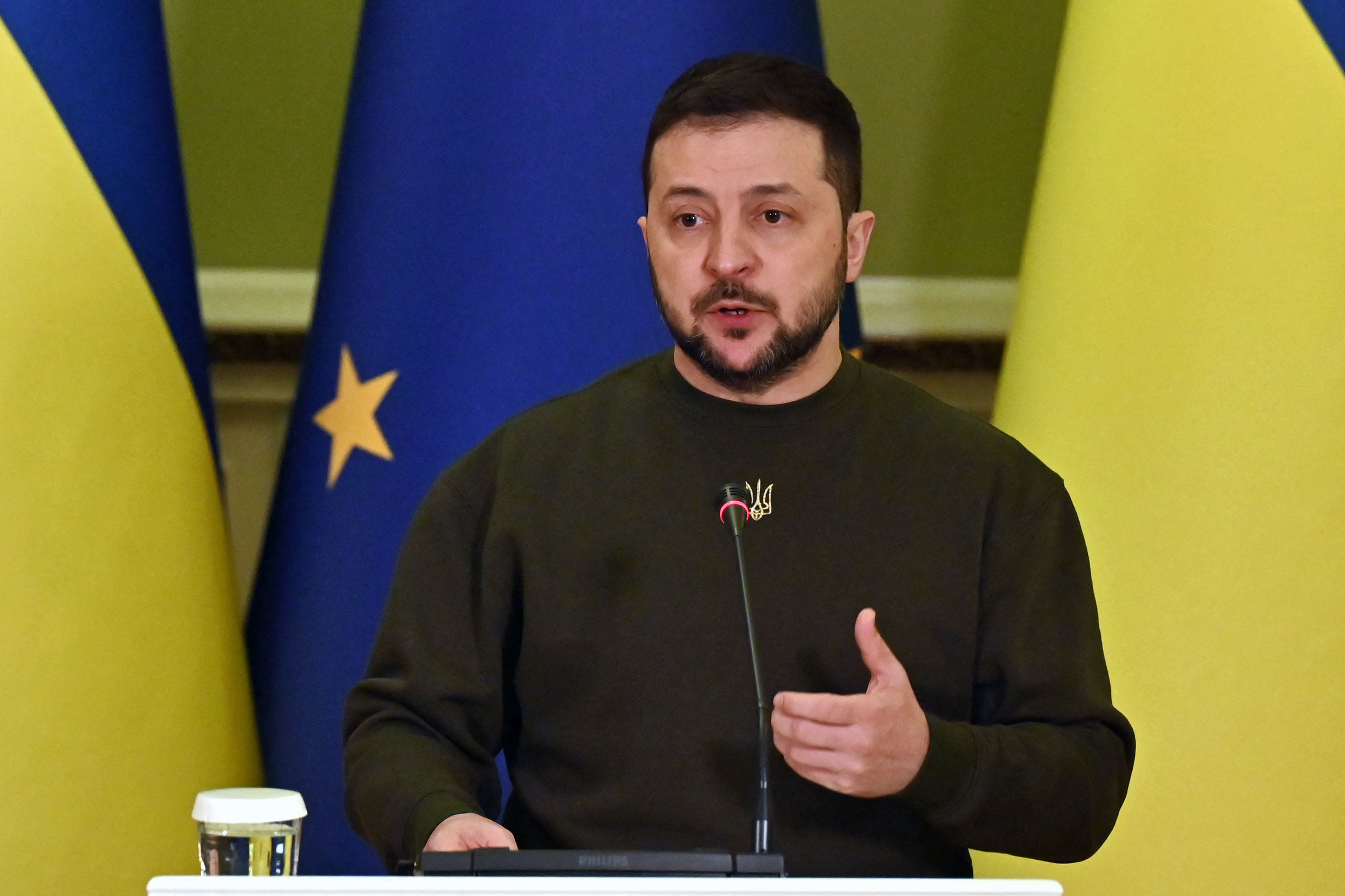Ukrainian President Volodymyr Zelensky speaks during a joint press conference with President of the European Commission during her visit in Kyiv on February 2.
