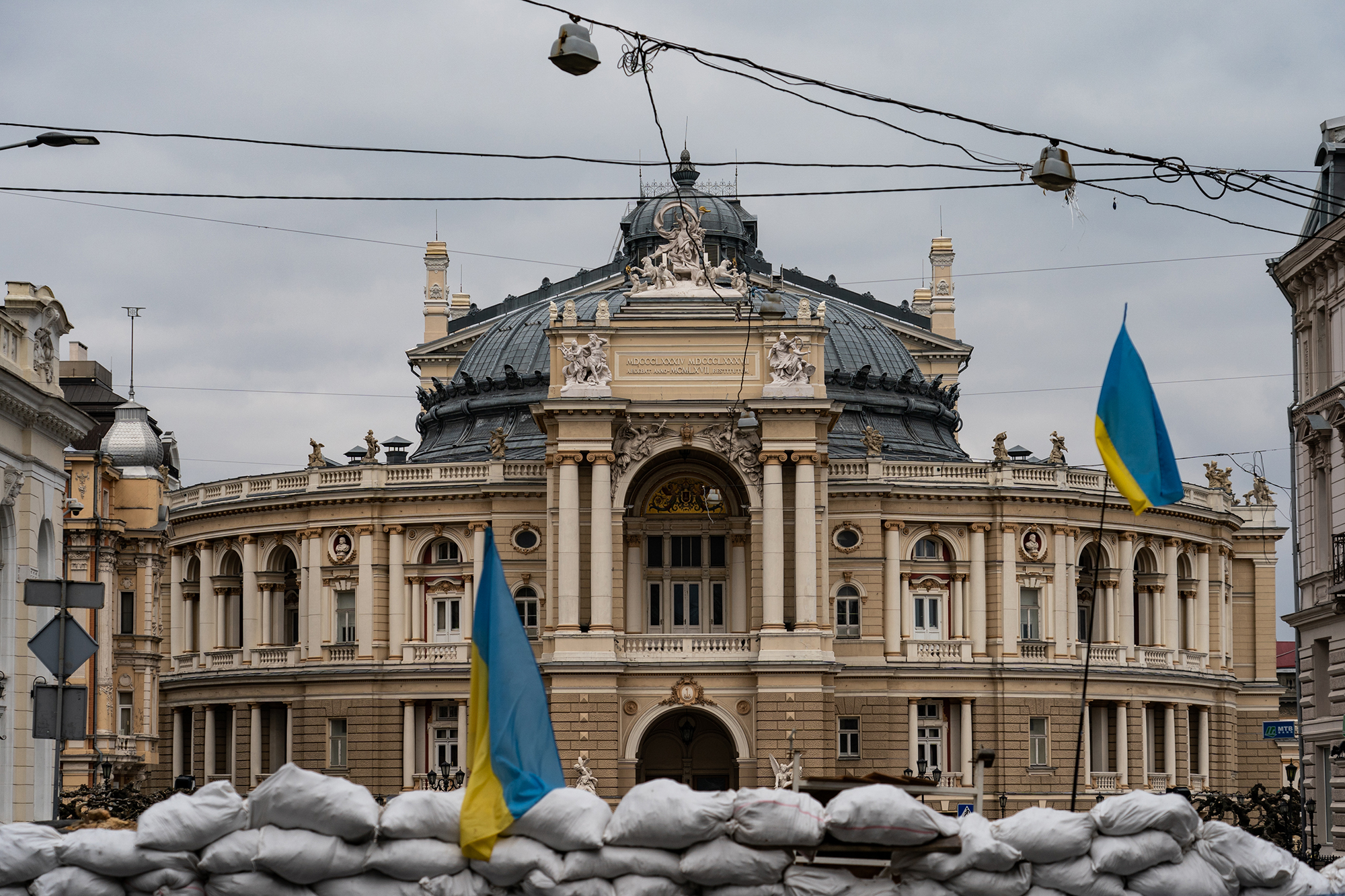 Sand bags and steel barricades are placed in a road leading up to the Odesa National Academic Opera and Ballet Theater in downtown in Odesa, Ukraine, on March 5, 2022. 