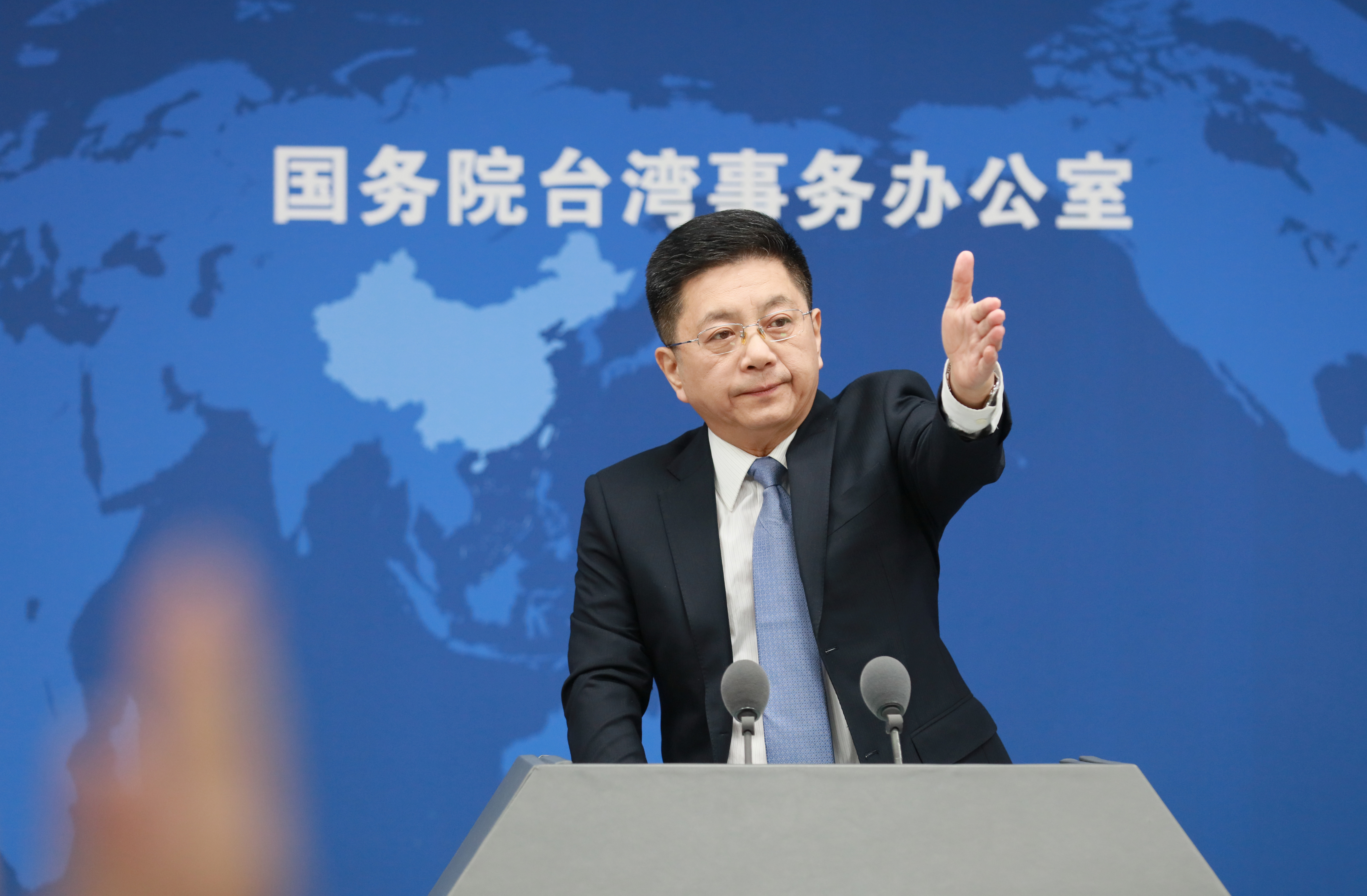 Ma Xiaoguang, spokesperson for the Taiwan Affairs Office of the State Council, attends a press conference on February 23 in Beijing, China.