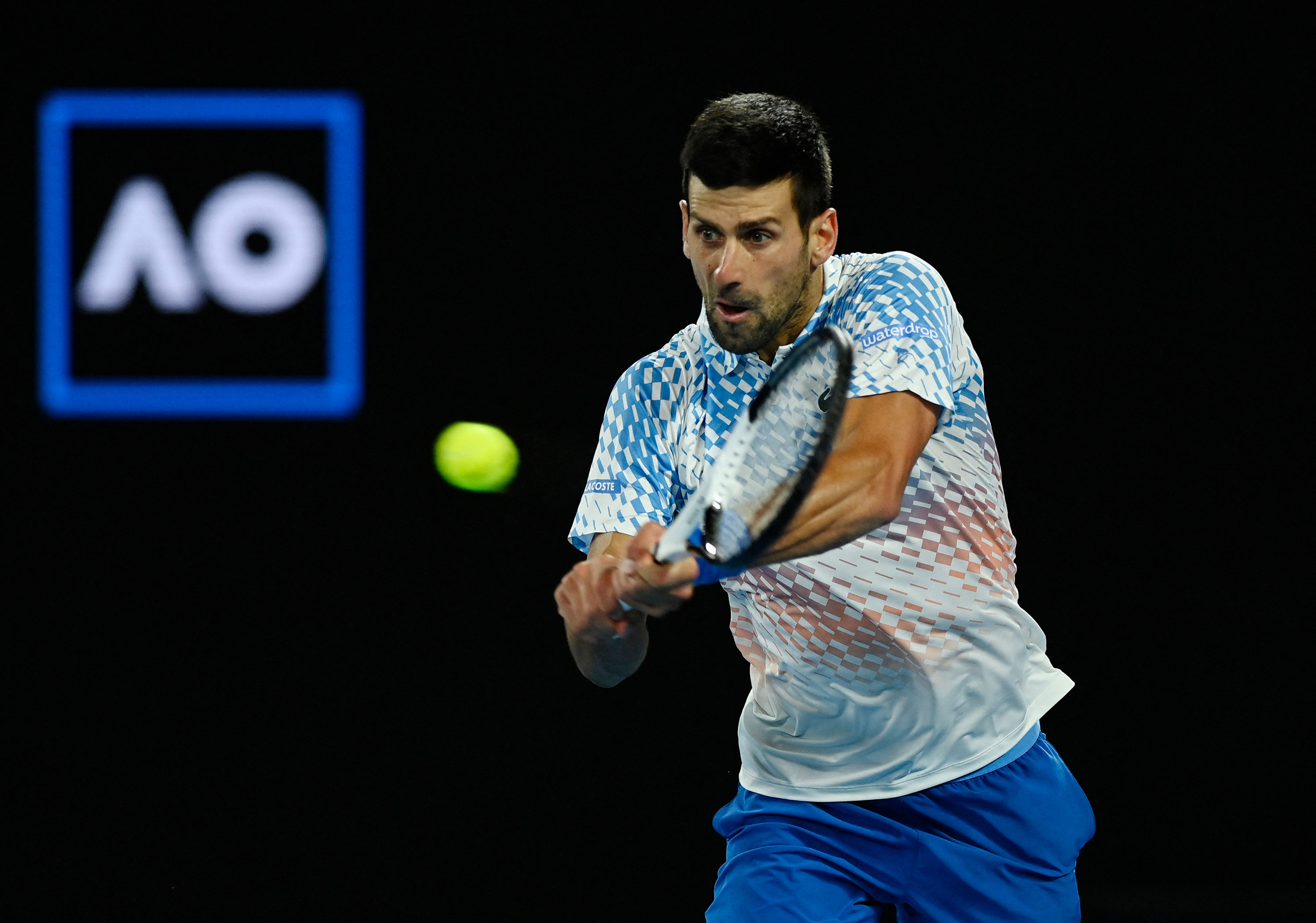 Serbia’s Novak Djokovic in action during his quarterfinal match against Russia’s Andrey Rublev on Wednesday, January 25 in Melbourne.