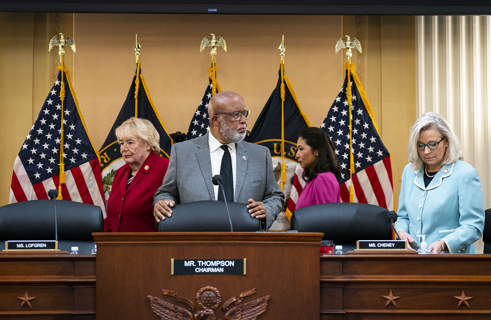 Rep. Bennie Thompson, chairman of the House select committee, center, Rep. Liz Cheney, vice chair, right, as well as Rep. Zoe Lofgren, left, and Rep. Stephanie Murphy, third from left, arrive during the second hearing on Monday, June 13. 