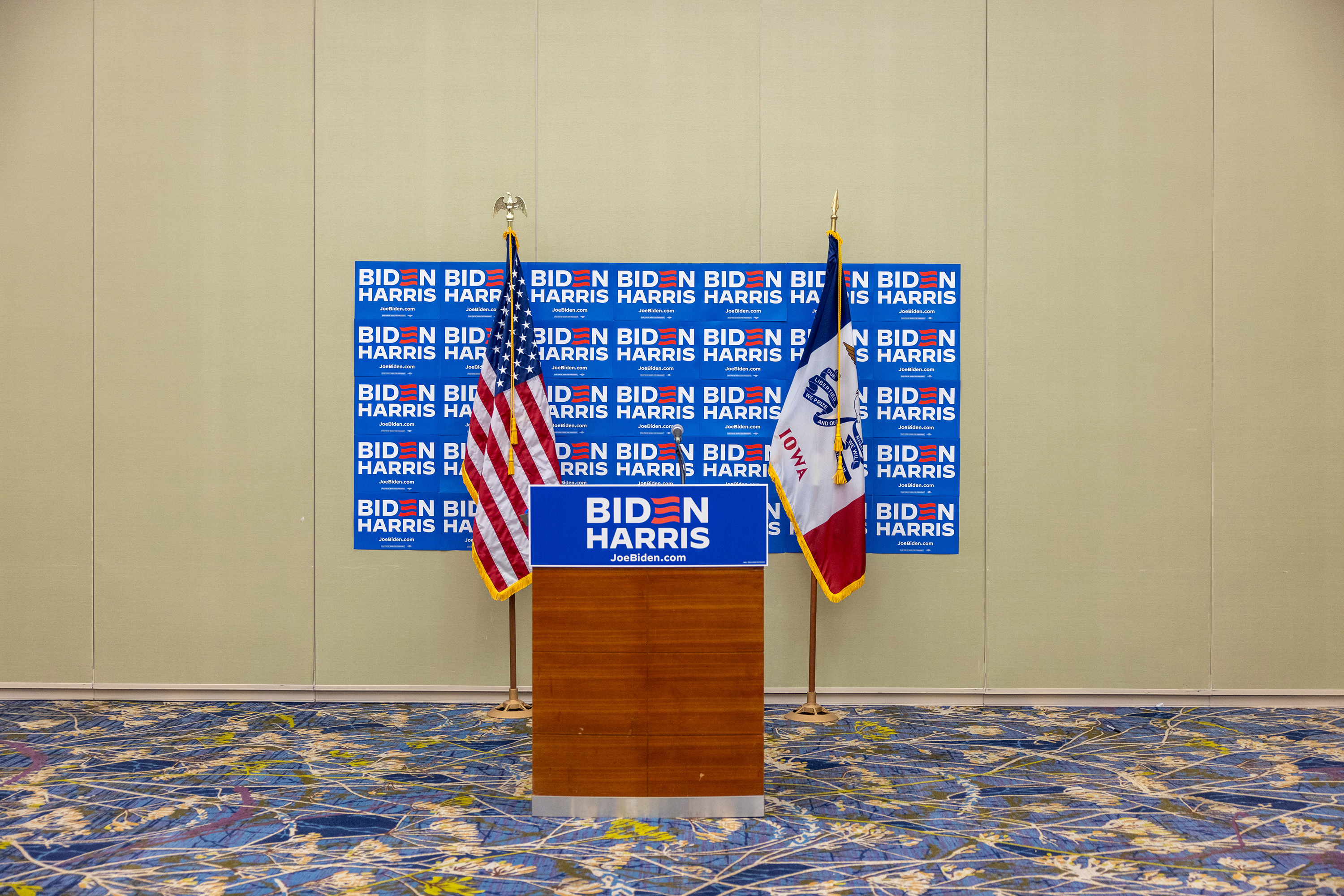 Signage on a podium prior to a news conference hosted by Biden-Harris 2024 National Advisory Board members in Des Moines, Iowa, on January 15.