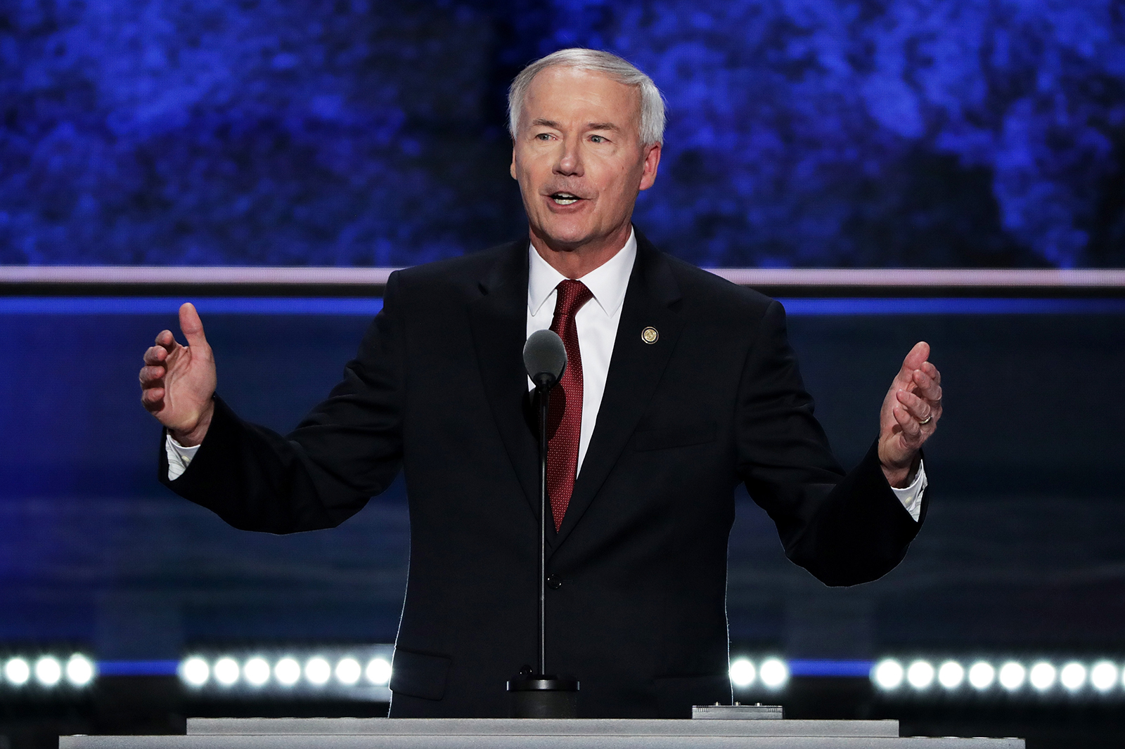 Arkansas Gov. Asa Hutchinson delivers a speech on the second day of the Republican National Convention on July 19, 2016 in Cleveland, Ohio. 