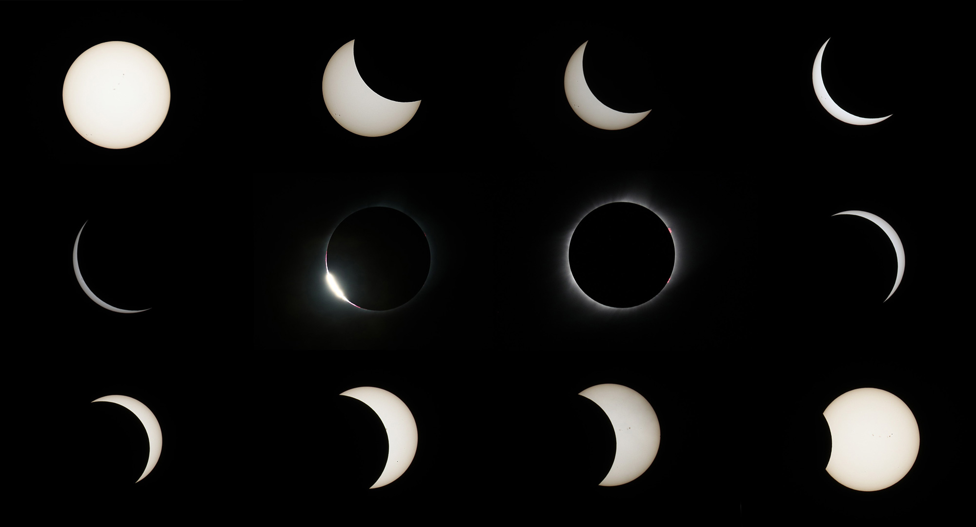 This composite image shows the progression of a solar eclipse near Illinois on August 21, 2017.